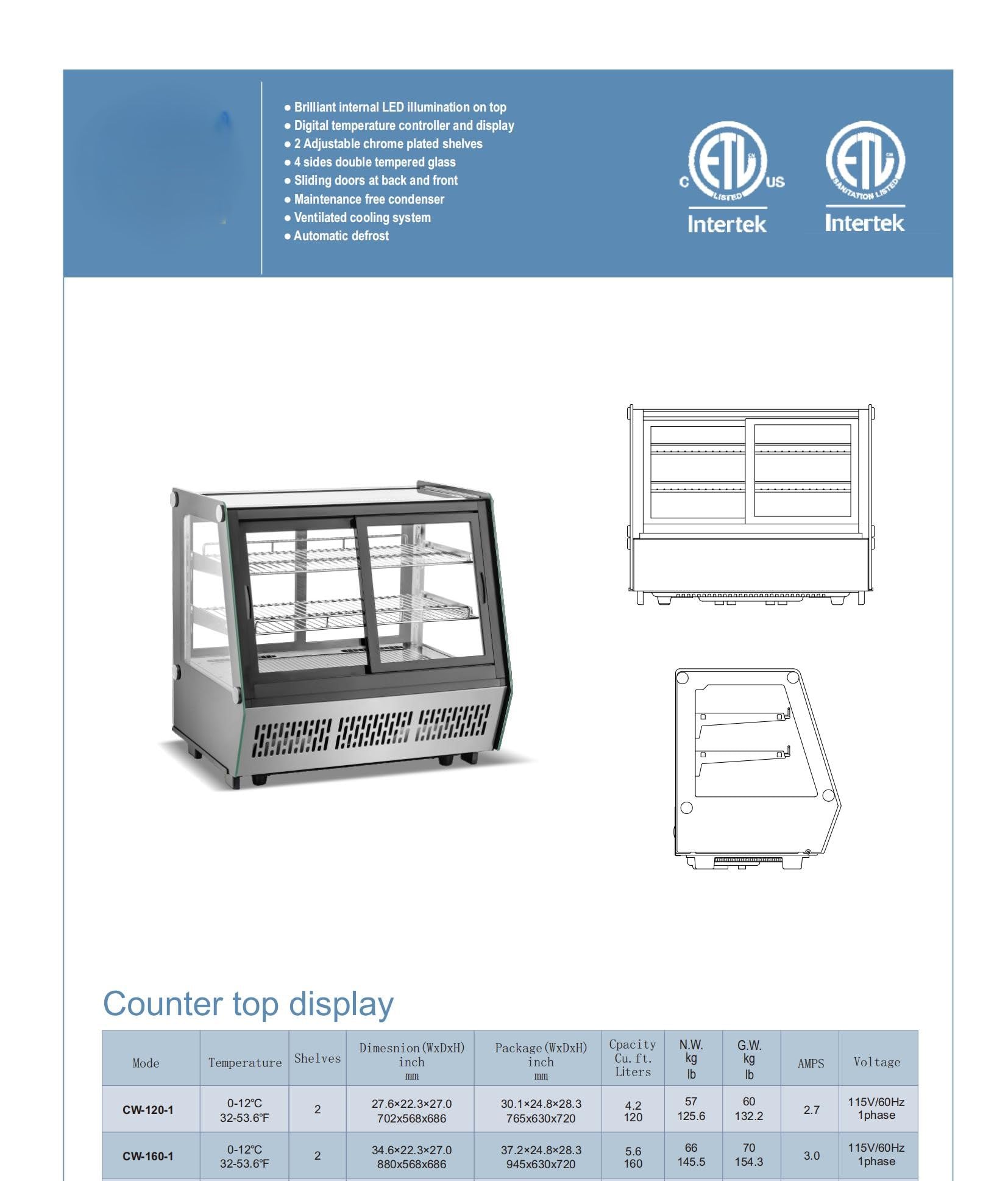Elite Kitchen Supply 35-inch Commercial Refrigerated Display Case, 2 Chrome Shelves, LED Lighting, Digital Temperature Control, 160L Capacity CW-160-1 ETL