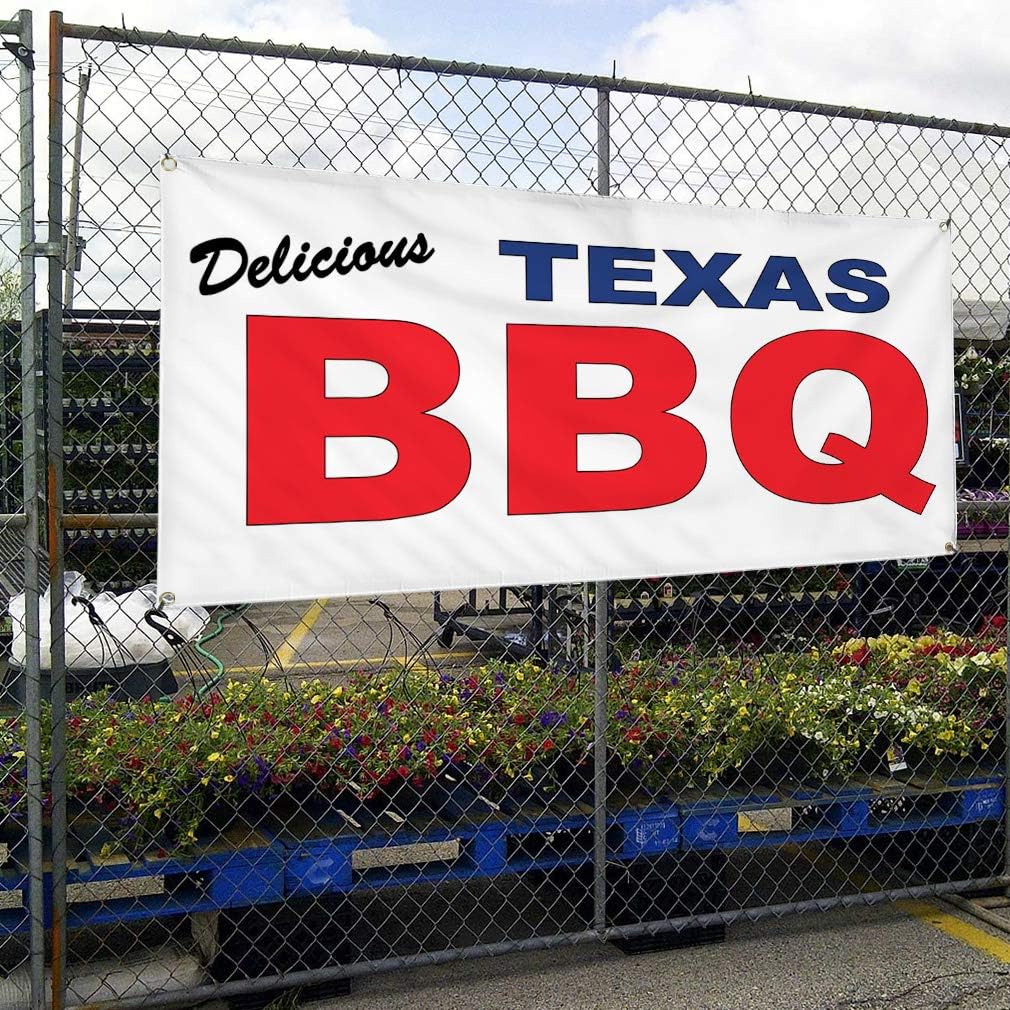 Vinyl Banner Multiple Sizes Delicious Texas BBQ Blue Red Food Bar Restaurant Truck Restaurant & Food Outdoor Weatherproof Industrial Yard Signs 4 Grommets 16x40Inches