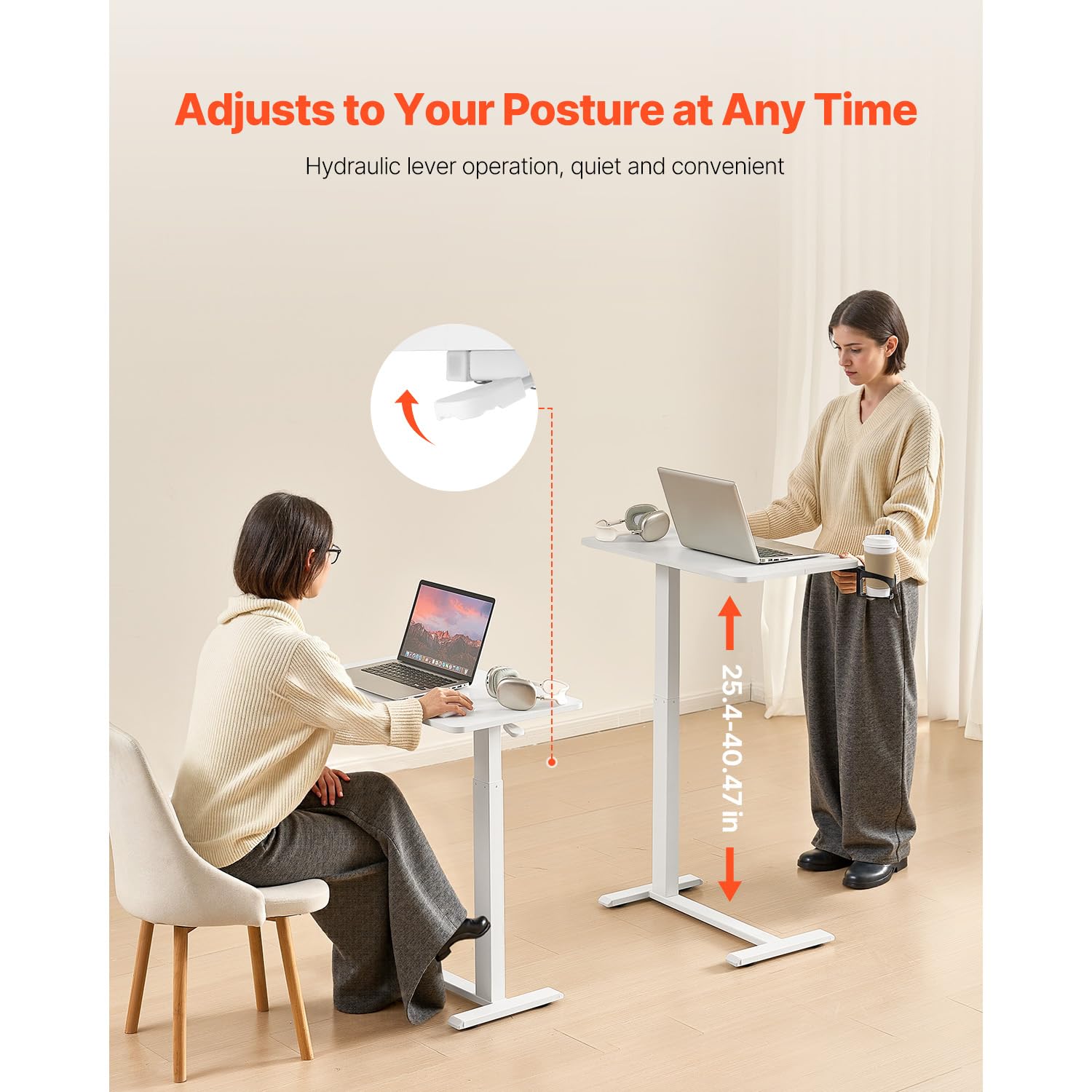 Happybuy Overbed Table: A White Wonder! Features 4 Hidden Wheels, Hydraulic Height Adjustment, and a Cup Holder. Made of Particleboard—Your Ideal Companion for Home, Office, and Study!