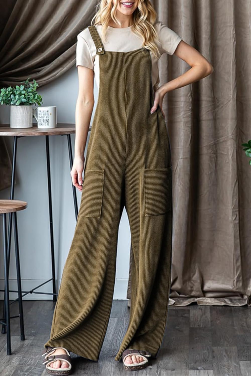 Dokotoo Women's Casual Jumpsuits Ribbed Front Pocket Loose Overalls One Piece Sleeveless Wide Leg Long Pant Rompers