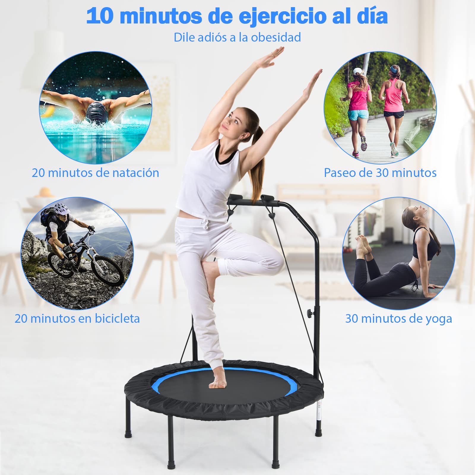 COSTWAY Cama Elástica Plegable 101 cm con 2 Bandas de Resistencia, Trampolín Elástico con Empuñadura Regulable, Cama Elástica Fitness de Interior y Exterior para Niños y Adultos
