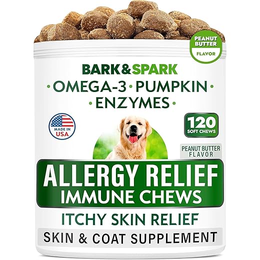 Allergy Relief Dog Treats - Omega 3 + Pumpkin + Enzymes - Itchy Skin Relief - Seasonal Allergies - Anti-Itch & Hot Spots - Immune Supplement - Made in USA - Peanut Butter Flavor Chews