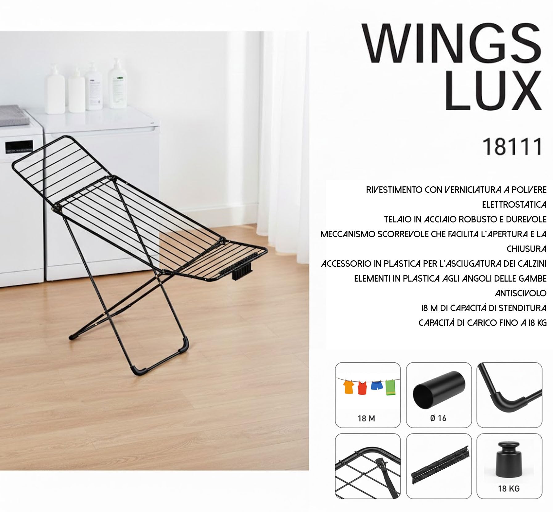 HYTAMA TOOLS - Bügeltisch BRAVA 33 x 110 cm aus Stahl mit klappbarem Hebel, platzsparend mit Bügeleisenablage + Wäscheständer EGE WINGSLUX schwarz für den Boden, 18 m Trockenlänge, Stahl