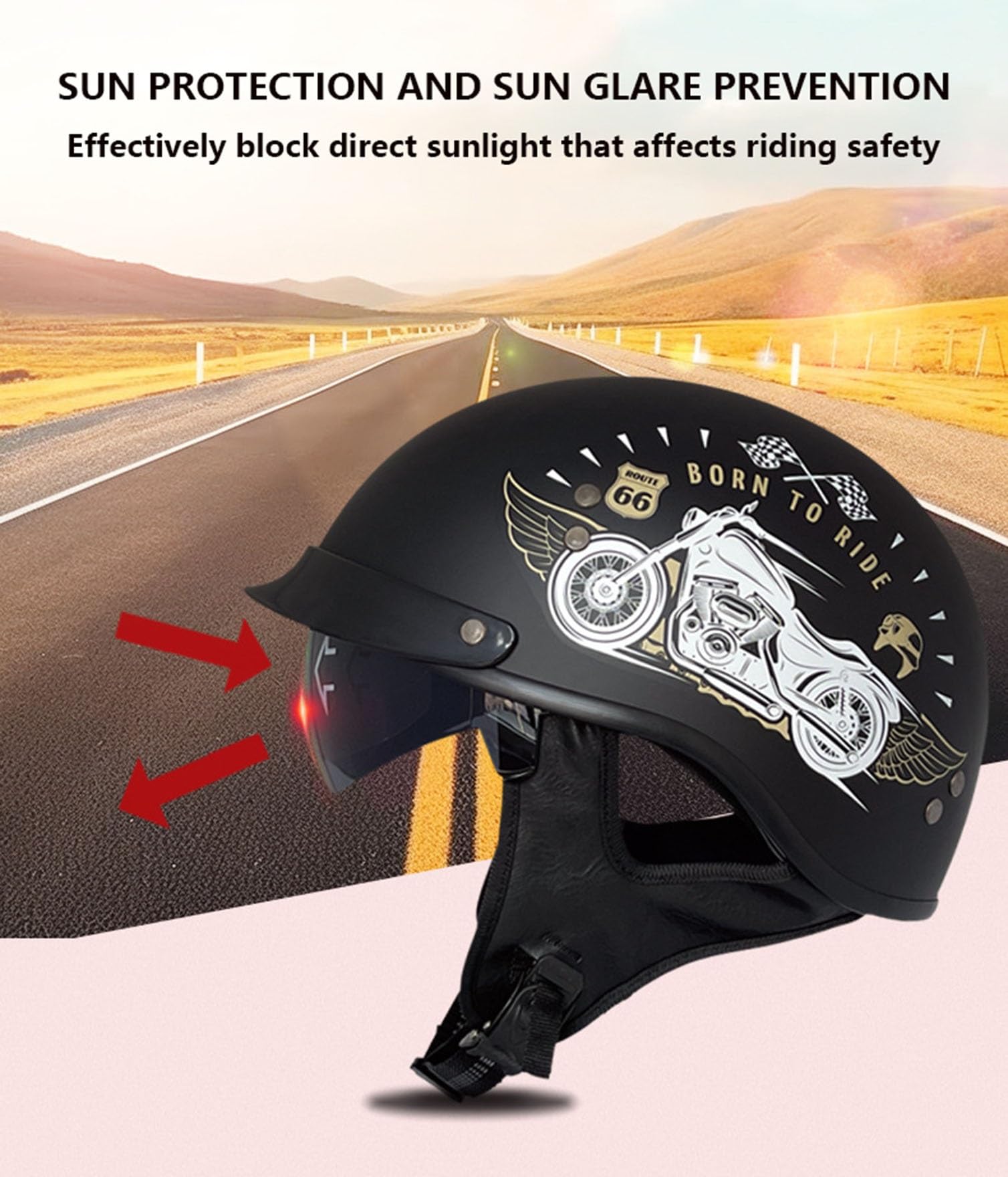 Halbhelm Halbschalenhelm mit ECEDOT Zertifizierung Jethelm Retro mit Sonnenblende, Chopper Helm Roller Helm Offenem Helm, Street Moped Halbhelme, mit Herausnehmbarem und Waschbarem Futter(9,M=57