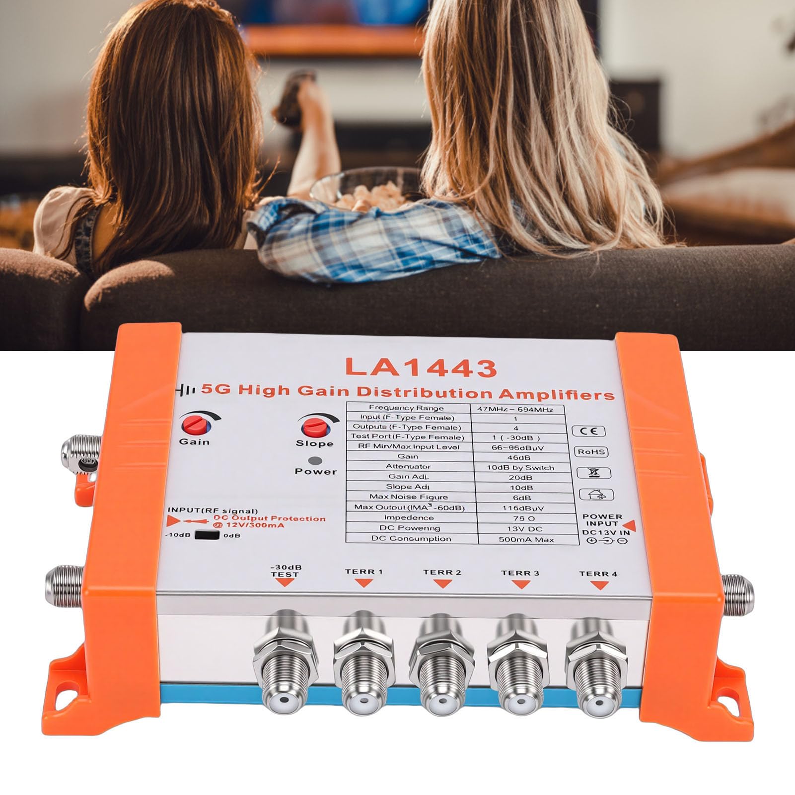 Cuifati Amplificateur de Distribution TV 4 Ports avec Filtre 5G LTE à Gain de 45 DB pour Amplificateur de Signal D'antenne de Télévision par Câble avec 1 Entrée 4 Sorties à Faible Bruit (Prise UE)