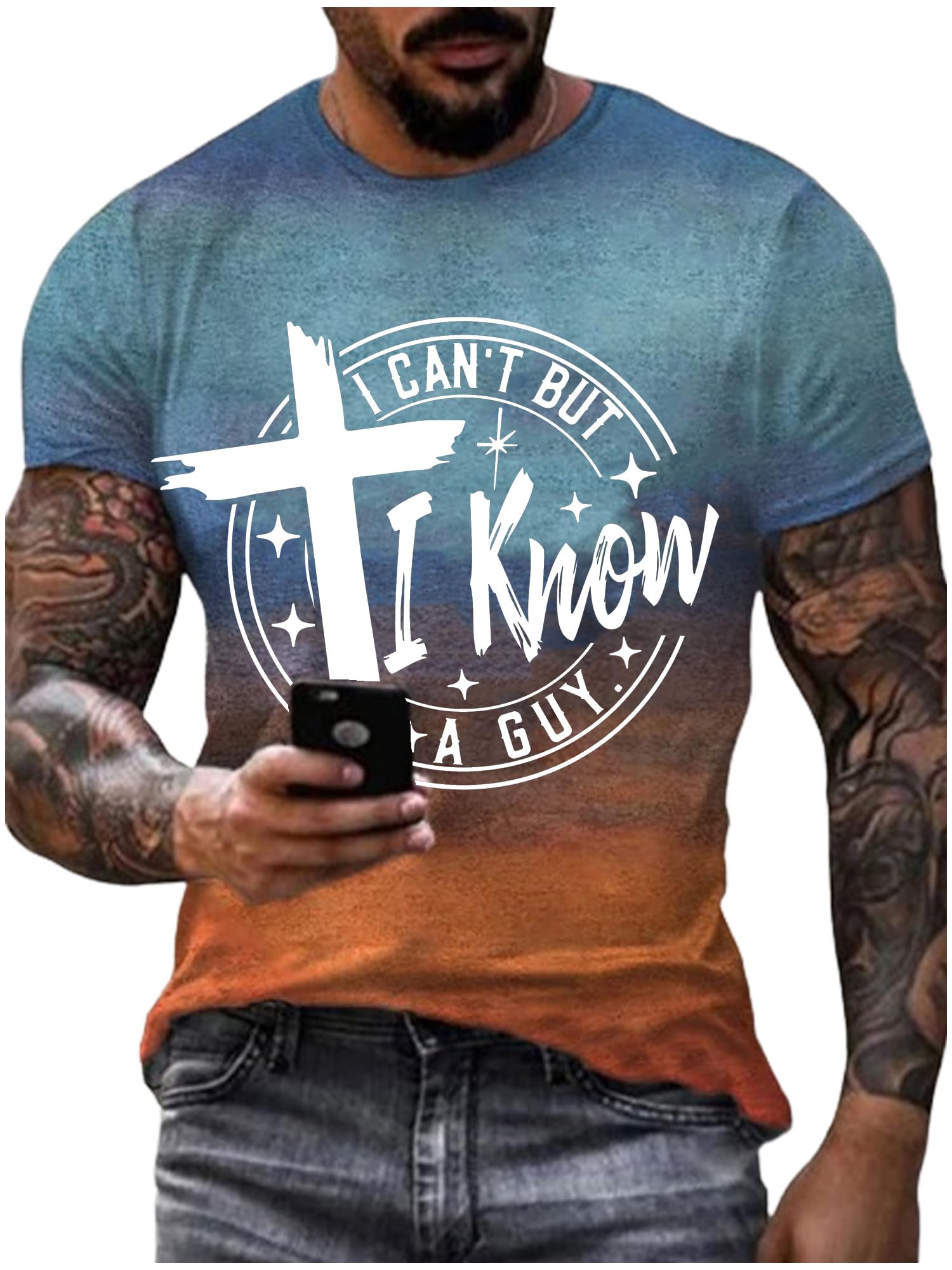 NakeahI Can't But I Know a Guy Jesus TShirt For Men Funny TShirts Treny Crew Neck Short Sleeve Tops Circle S