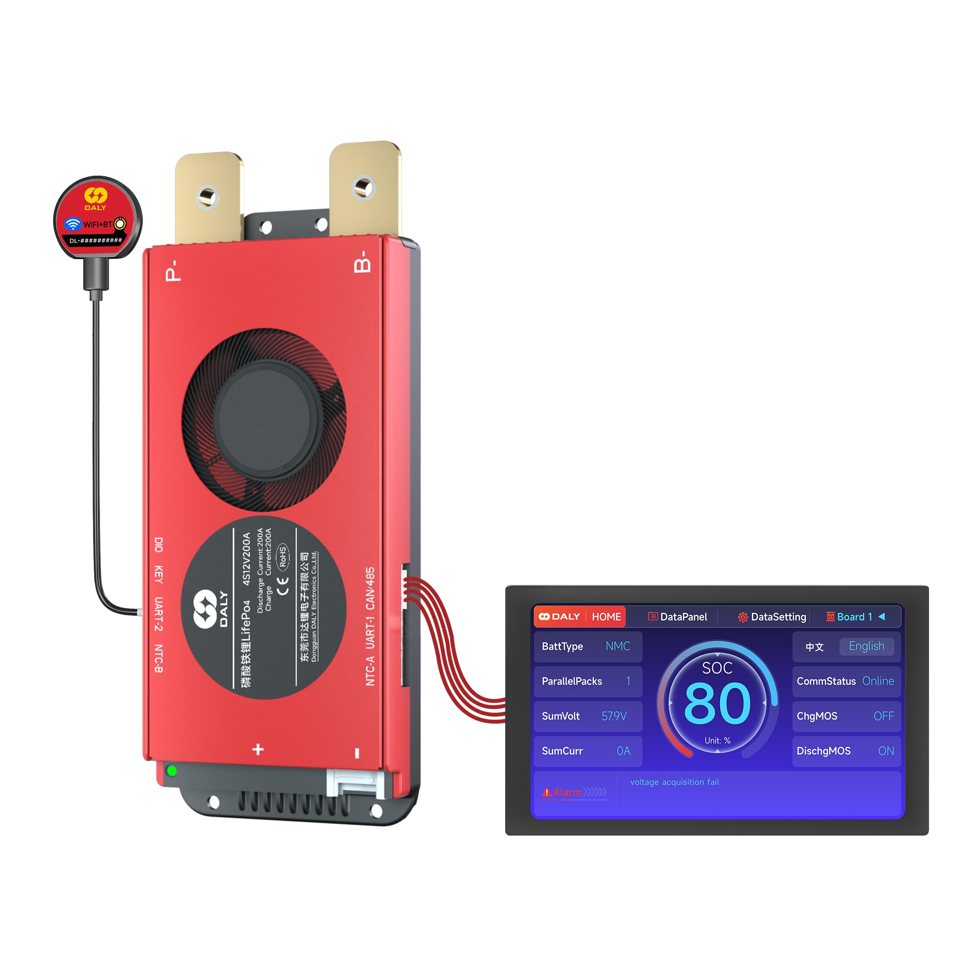 DALY BMS 12V 4S 200A - BMS Inteligente con Pantalla táctil LCD de 4,3 Pulgadas, módulo WiFi Bluetooth Compatible con RS485 Can para LiFePO4 de 12V Energía para Casas rodantes