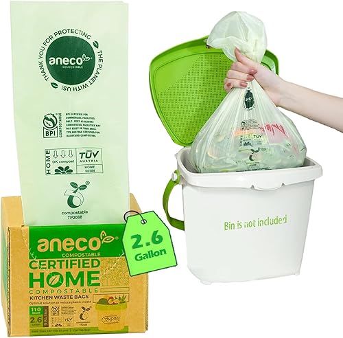 (Incluye 10 bolsas adicionales) ANECO - Bolsas de basura 100% compostables de 2.6 galones, bolsas de compost pequeñas de cocina extra gruesas para