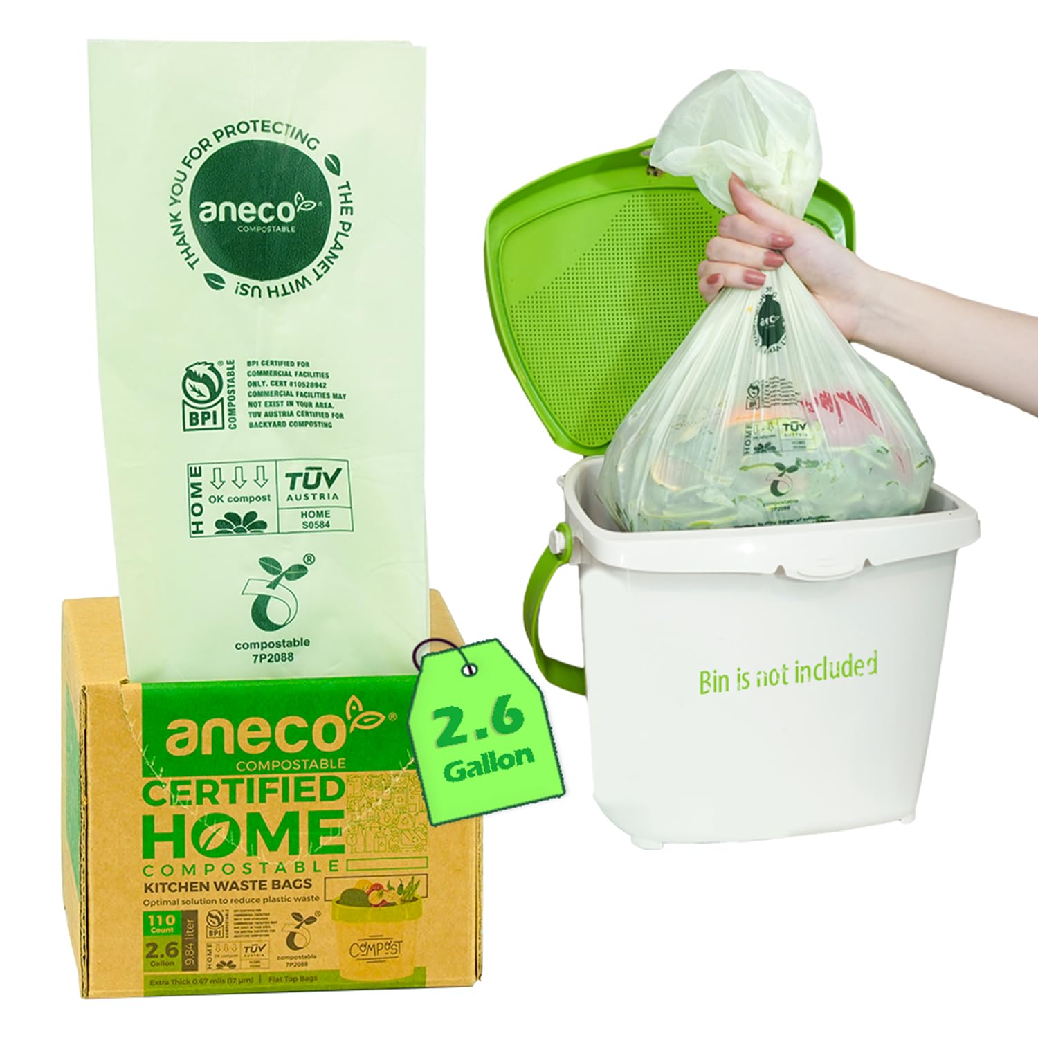 (Include 10 Bonus Bags) ANECO 100% Compostable Waste Bags 2.6 Gallon, Extra Thick Kitchen Small Compost Bags for Countertop Bin, 110 Count (100 + 10 Extra)