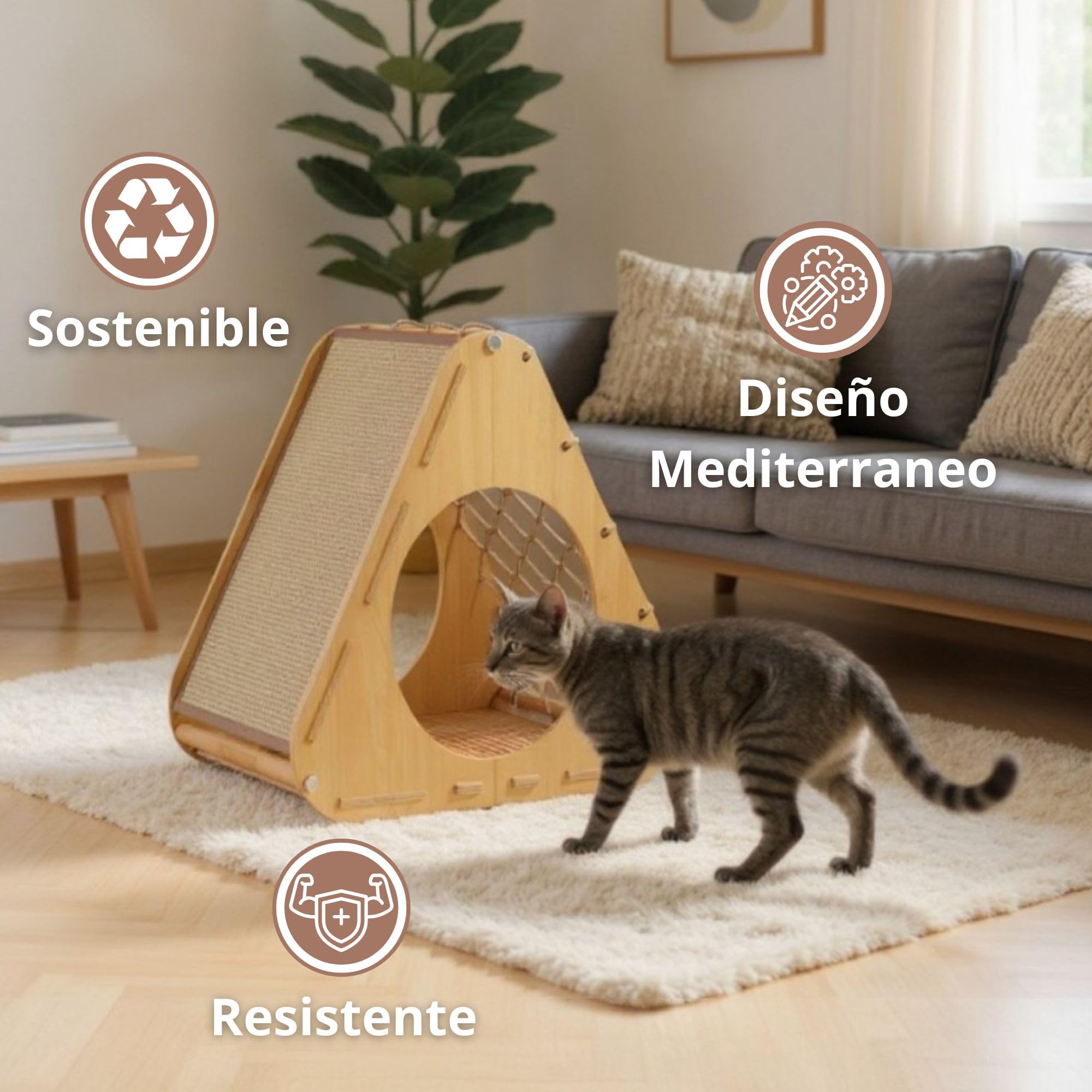 Casa para Gatos Interior Aurea con Rascador de Sisal Natural y Red de Escalada | Refugio con Cama Acolchada Postes de Rascado y Plataforma | ALTHEA LIVING