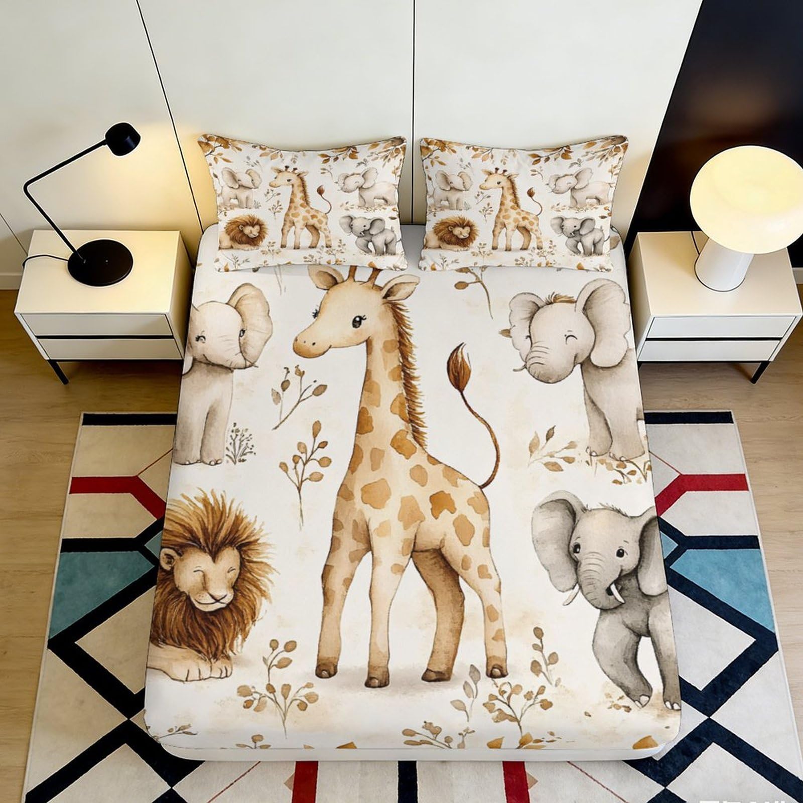 3D Printed Safari Animal Fitted Sheet Microfiber Soft Decorative Jungle Elephant Lion Mattress Cover for Bedroom Dorm 180x200x25cm
