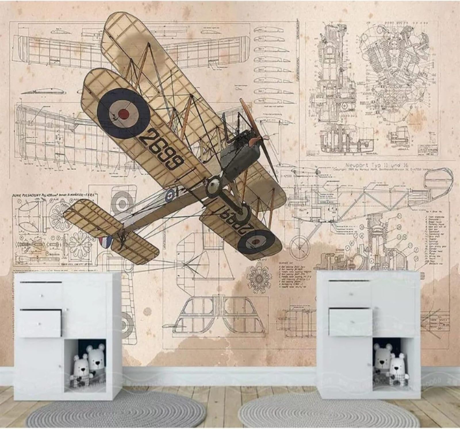 XLMING Hand Drawn Cartoon Retro Aeroplane Design 3D Wallpaper Luxury Home Dining Decor Paste Sofa Living Room The Wall for Bedroom Mural-400cm×280cm