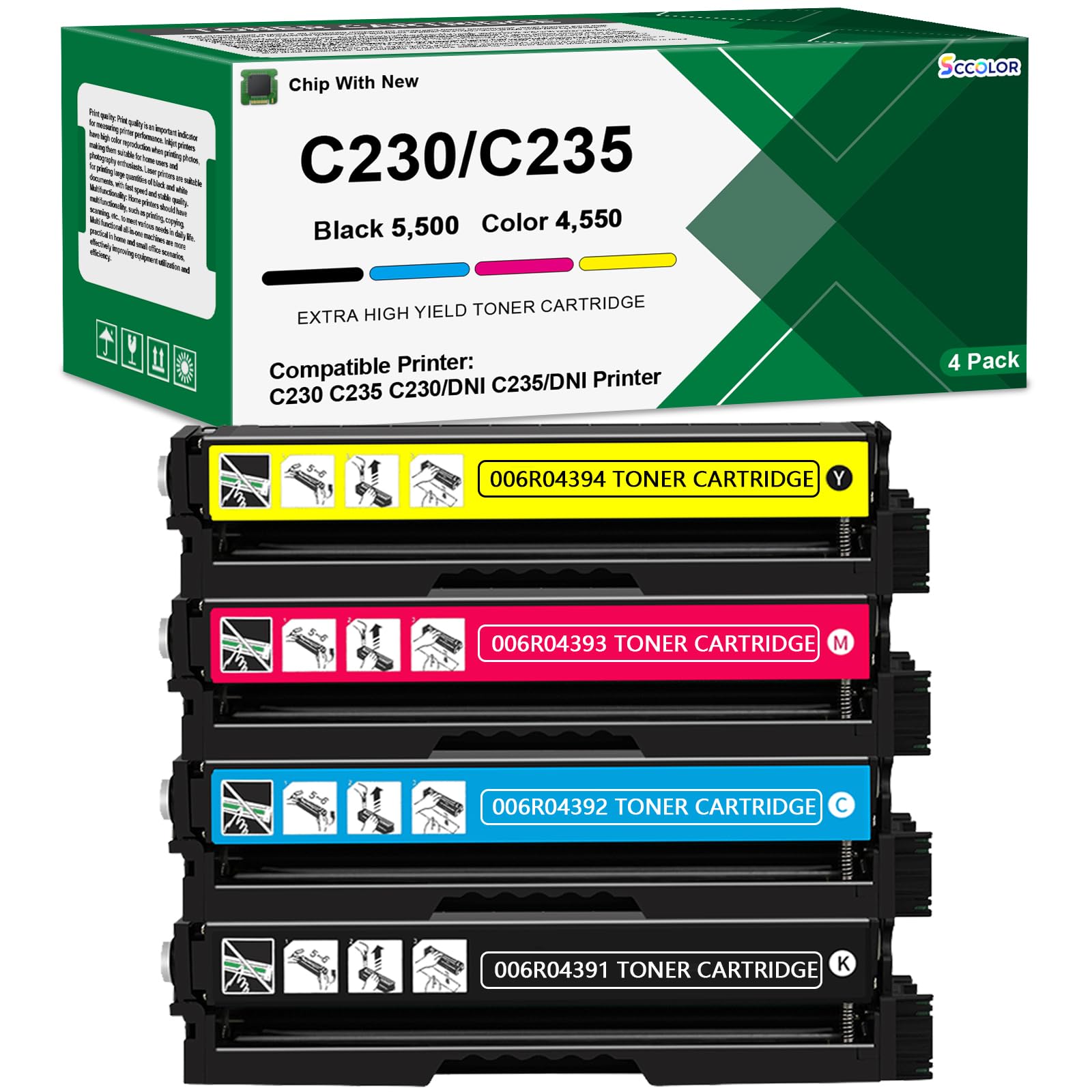 Photo 1 of SCCOLOR C230 C235 Toner Cartridge Extra High Yield with Chip Compatible with Xerox 006R04391 006R04392 006R04393 006R04394 Replacement for Xerox C230 C235 C230/DNI C235/DNI Color Printer