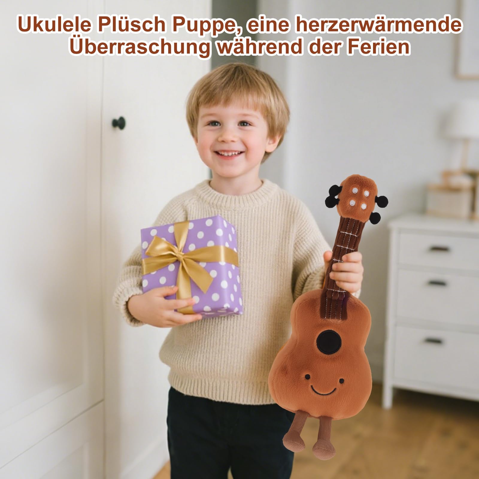 Süße Gitarre Stofftier - Gitarren-Plüschpuppe mit Musikelementen, Hautfreundliche Stoffe, weicher Komfort, musikalisches Dekorationskissen, Musikinstrumente Puppen Gitarre - 3