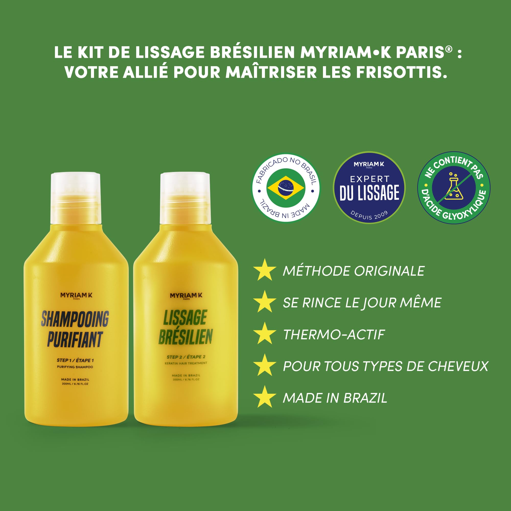 MYRIAM K PARIS – Kit de Lissage Brésilien 2x200ml – Soin Lissant à la Kératine – Anti-Frisottis & Brillance Intense – Sans Acide Glyoxylique – Pour Cheveux Bouclés, Frisés, Ondulés ou Raides