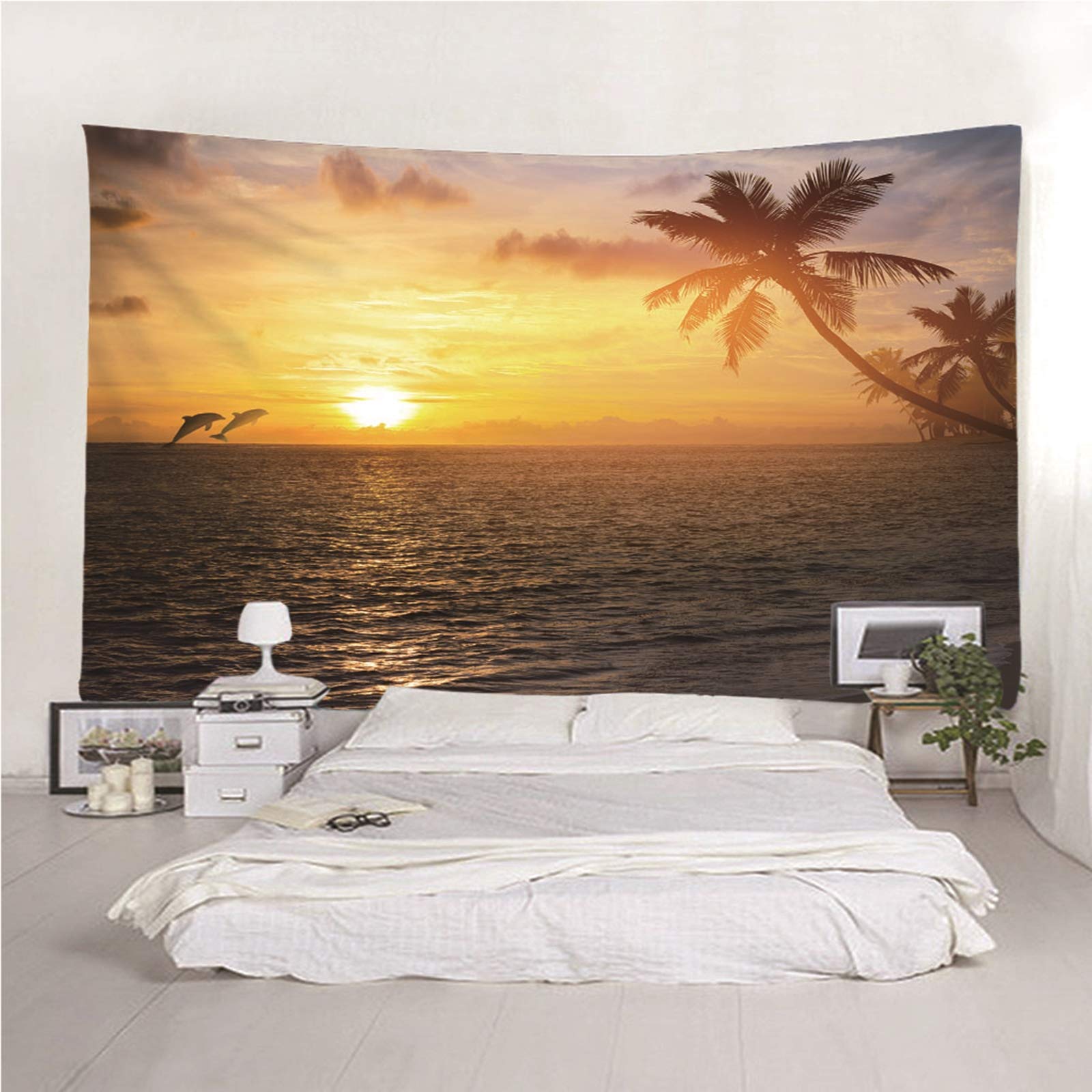 Beydodo Tapisserie Vorhang Sonnenuntergang Delfin Kokospalme Wandbehang Wohnzimmer 300x260CM Wandteppich Nordisch