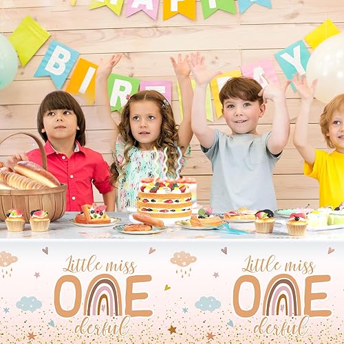 Miniatura 7 de Tiamon 3 manteles bohemios para el primer cumpleaños de 108 x 54 pulgadas, mantel de plástico arcoíris de 108 x 54 pulgadas, mantel de Little Miss