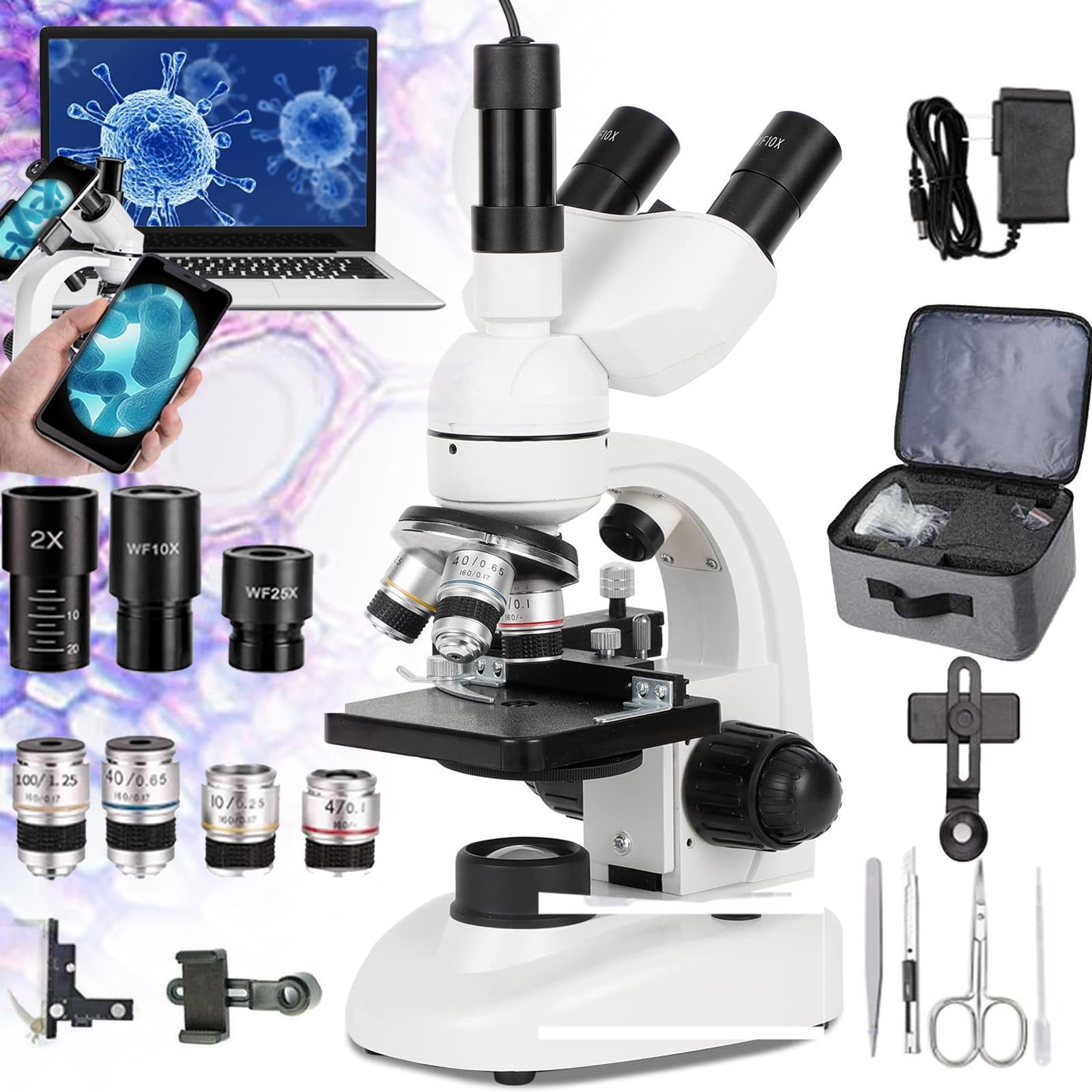 Microscopio BiolóGico Trinocular Microscopio Compuesto Profesional 40x-5000x - Kit De Microscopio Trinocular - Ocular ElectróNico/Adaptador De TeléFono/Bolsa/Ocular/Objetivo,White