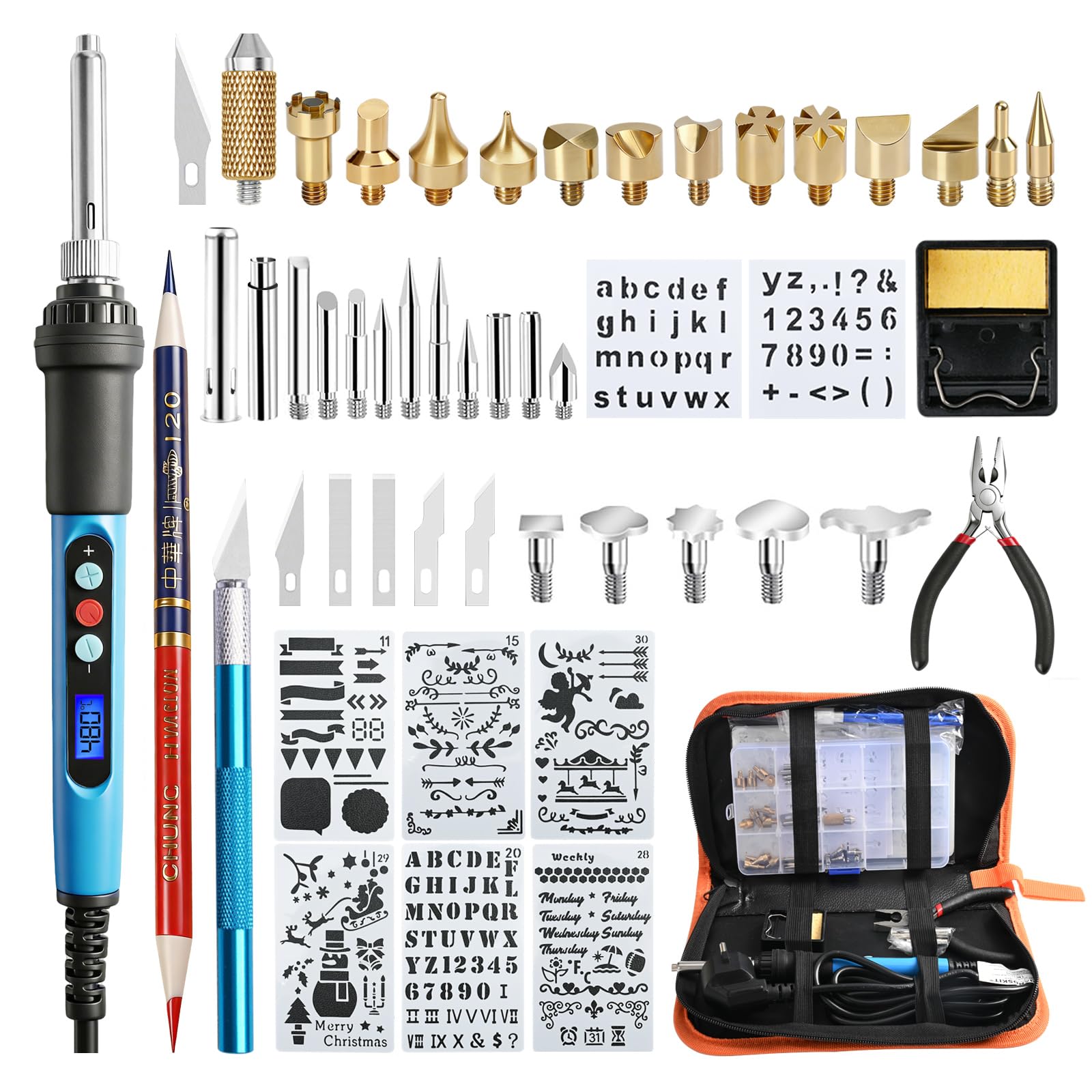 HANDSKIT 52pcs Kit Pirograbador de Madera,pirograbado en madera,Kit Pirograbadores Eléctrico 90W Temperatura Regulable entre 180°C y 480°C,Soldador Pirografo Profesional para Madera,Cuero,Grabado