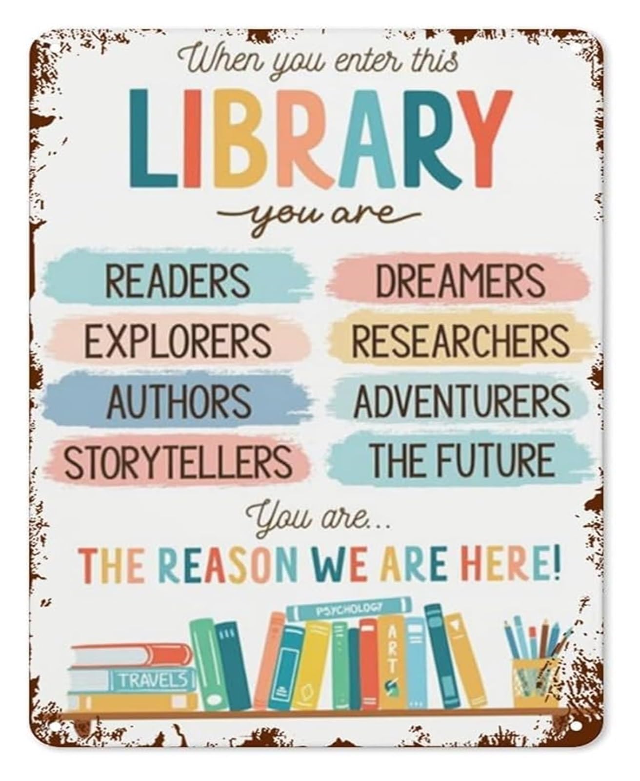 FNYUVNFAF Vintage Watercolor Library Sign Metal Tin Plaque Funny Rules Wall-Art for Classroom School Reading Corner 8 X 12 in