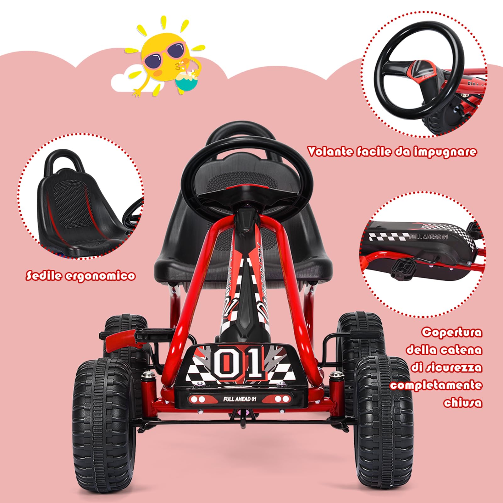 COSTWAY Go Kart a Pedali per Bambini, Veicolo con Sedile Regolabile e Freno a Mano, Portata 30 kg Rosso