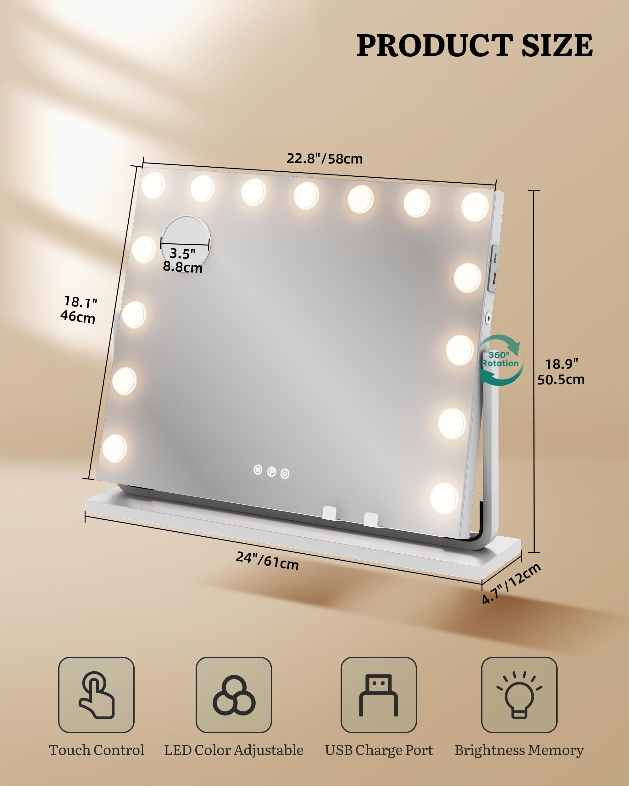 YITAHOME Lusterko do makijażu LED, 15 diod LED, styl Hollywood, z przyłączem USB i typ C, 3 temperatury barwowe ściemniane, 10 x lusterko powiększające i uchwyt na telefon komórkowy, białe, 58 x 46 cm