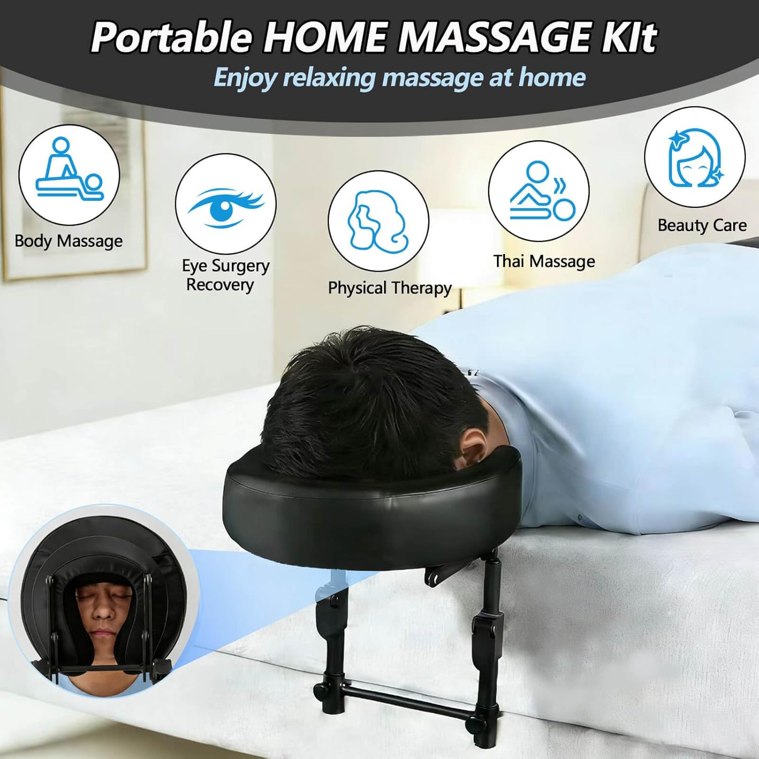 Massage Headrest for Bed,Adjustable Massage Face Cradle at Home,Massage Home Mattress Top Massage Kit for Face Down Pillow After Eye Surgery & Sleeping Mattress (Black)