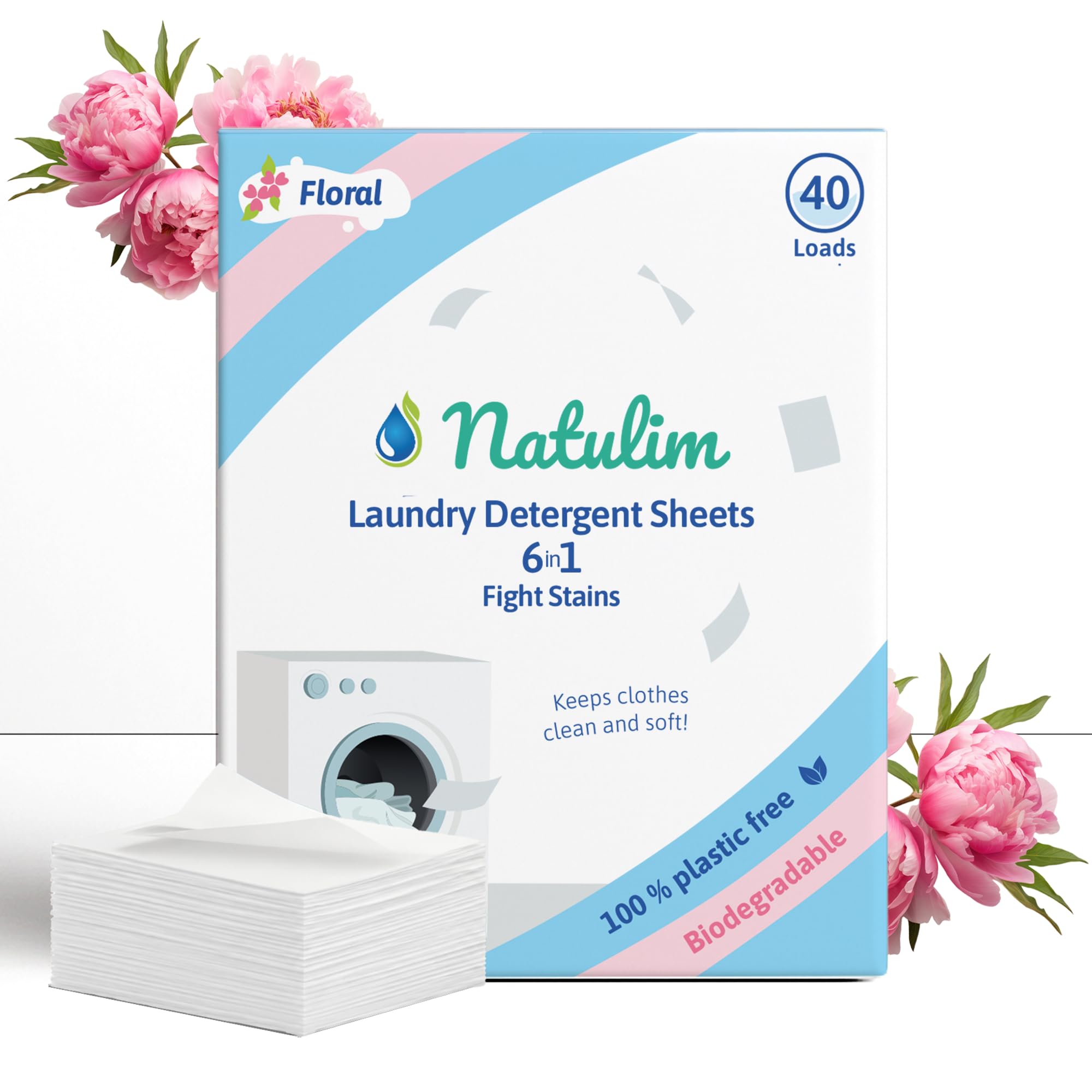 Natulim - Detergent w taśmach do pralek (40 pralek) - Zawiera efekt zmiękczający, ekologiczny, przyjazny alergikom - Czysta i miękka odzież bez brudzenia planety (kwiatowy zapach)