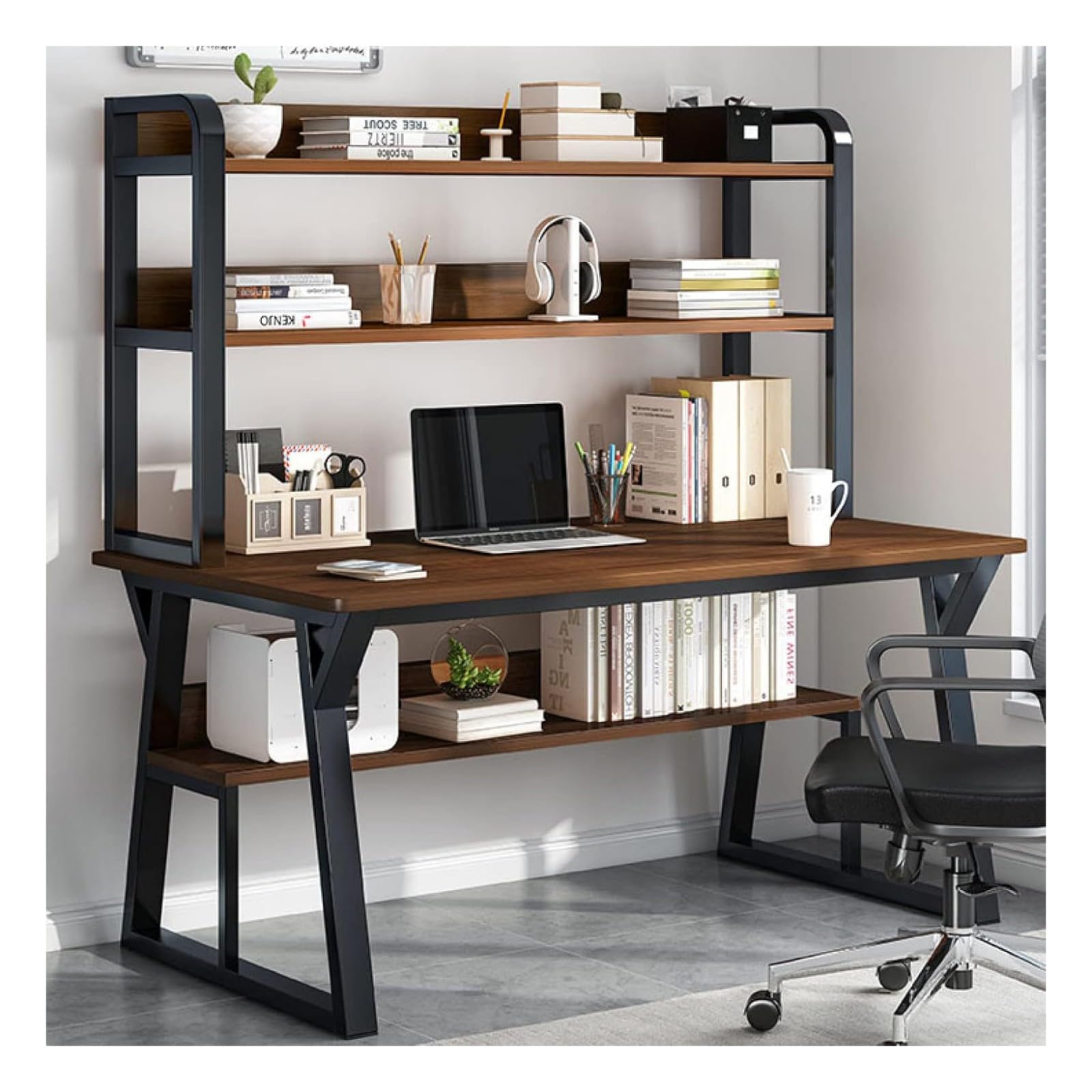 WDSOPK Computer desk Home Office Desk Sturdy Metal Frame Computer Desk, with Storage Shelves and Bookshelf - for Writing Workstation Bedroom Study Furniture（Oak-31 In）