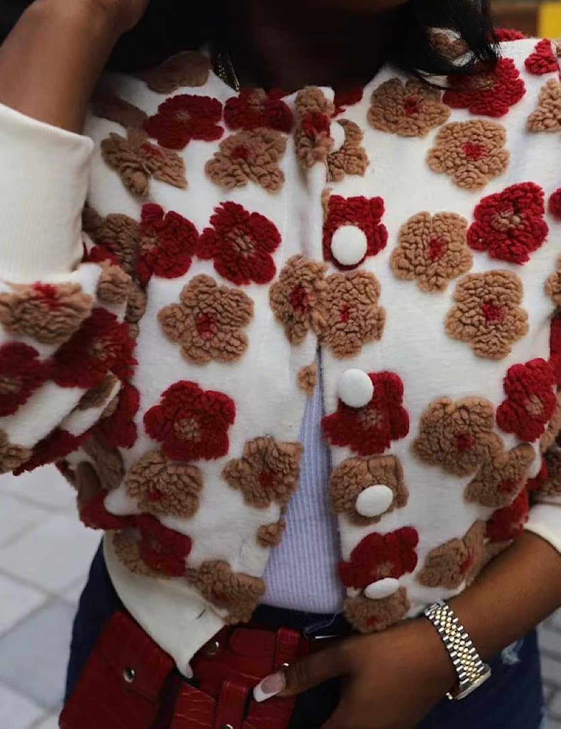 Yimoon Womens Cropped Floral Print Jacket Puff Sleeve Fleece Bomber Jacket Button Down Fall Winter Warm Outerwear - Image 2