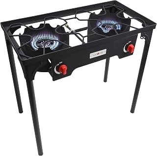 GasOne B-4545 Propane Double Burner Camp Stove - High-Pressure Outdoor Cooker with Adjustable 0-5 PSI Regulator, 4ft Hose & Removable Legs