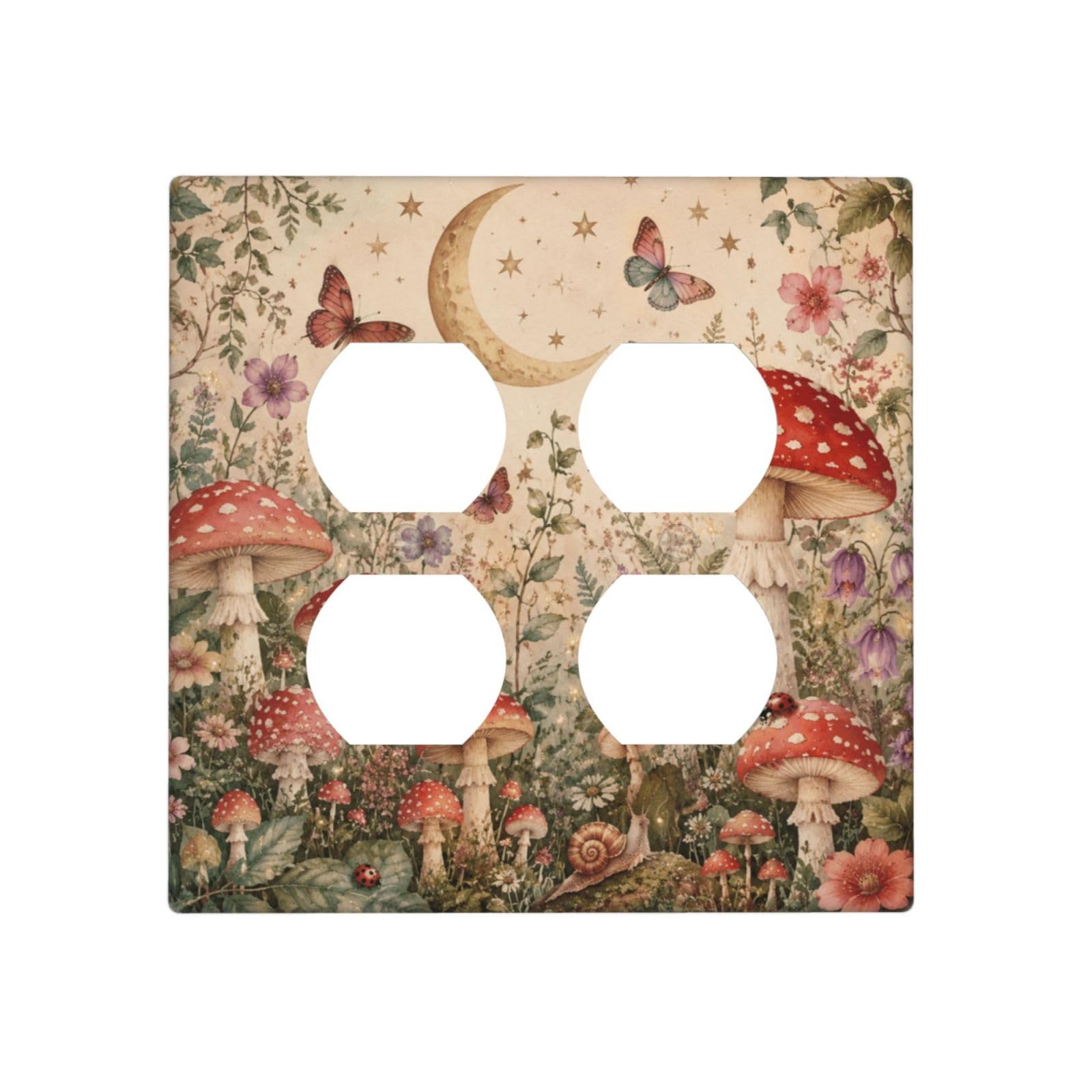 Dwbguo Decorative Outlet Covers Watercolor Mushroom & Moon 2 Gang Wall Plate Double Duplex Receptacle Vintage Butterfly Floral Light Switch Covers Switch Plate Cover for Bedroom Bathroom Decor
