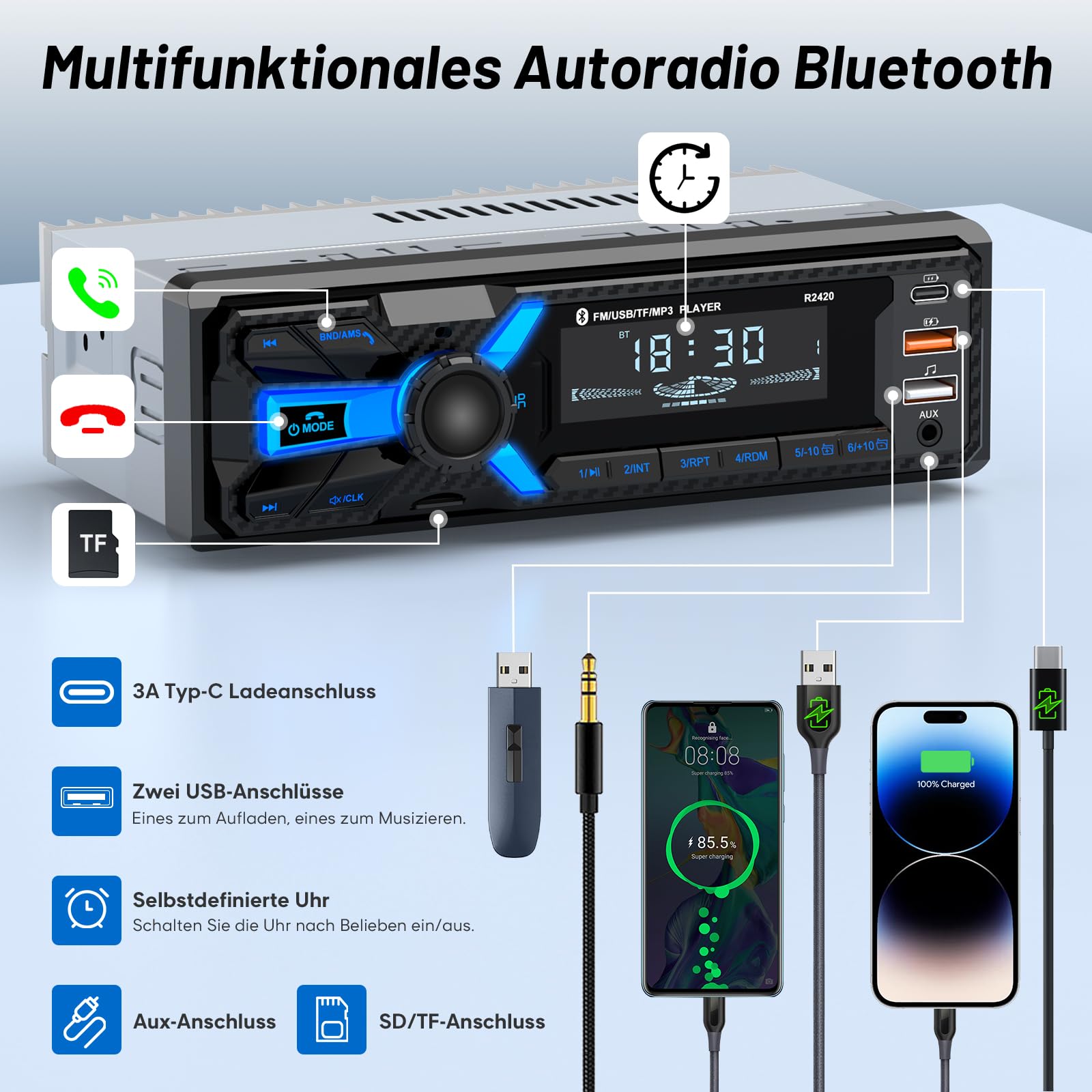 RDS Autoradio Bluetooth mit Typ-C-Ladeanschluss, Wistrue FM/AM Autoradio 1DIN Unterstützt 2USB/AUX/SD/TF/EQ/DSP/MP3 Player