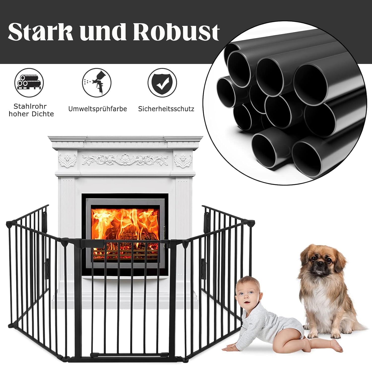 FIVMEN Rejilla de protección para chimenea con puerta, 300 cm, de metal, para niños, incluye 5 elementos