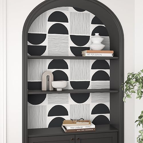 Miniatura 6 de VEELIKE Papel tapiz moderno de mediados de siglo en blanco y negro, papel tapiz geométrico abstracto para dormitorio, baño, 17.7 x 118 pulgadas,