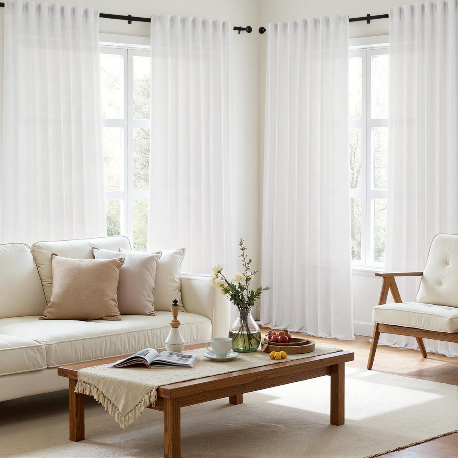 CUTEWIND Gardine Weiss Leinen Halbtransparent 2er Set Vorhänge Wohnzimmer Modern H 200 x B 140 cm, Vorhang Weiß Leinen Schlafzimmer Curtains Living Room, mit verdeckten Schlaufen