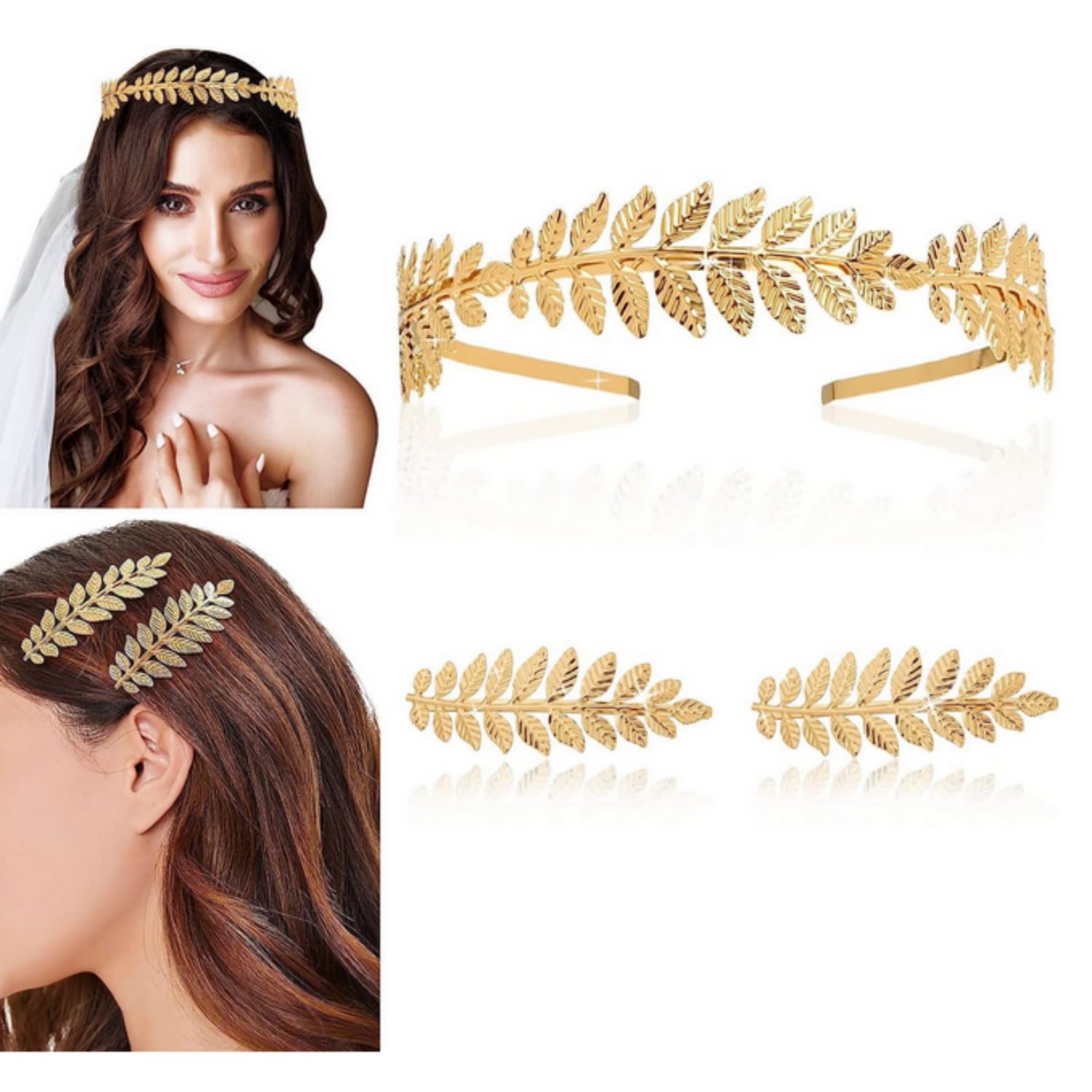 SKEIDO 3pcs Headband Hair Clip Set Gold Leaf Vintage Hair Clip Headband Laurel Leaf Tiara for Bridal Wedding Party Fashion Show