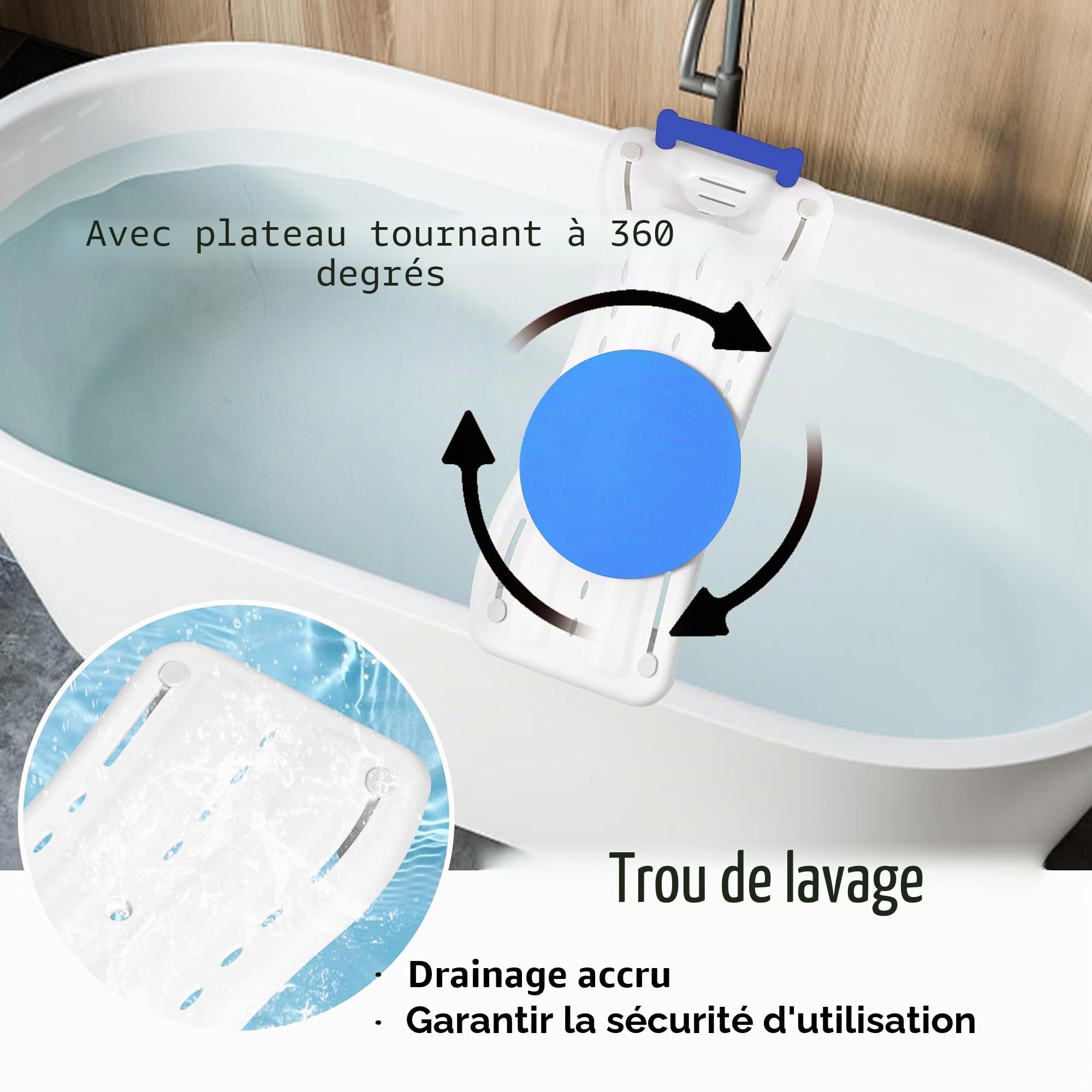 NAIZY Planche de bain 75,5 x 34 cm - Siège de baignoire pour personnes âgées et adultes - Avec plateau rotatif à 360° - Réglable de 41 à 63 cm - En polypropylène - Charge maximale : 150 kg - Poignée