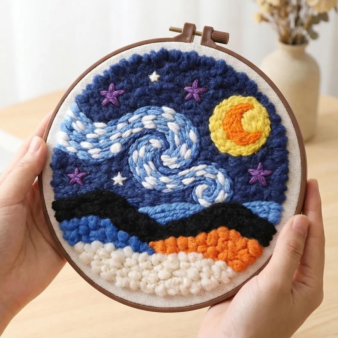 Kit di aghi da punzonatura, kit di aghi da punzonatura per adulti per principianti, kit da ricamo per principianti, kit da ricamo con paesaggio con nuvole lunari, set di aghi da punzonatura (set 1)