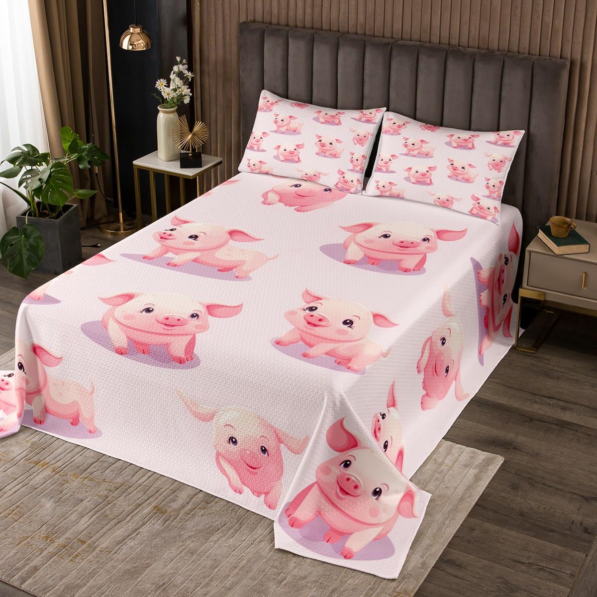 Cartoon Pigs Bedspread King Size for Adult Women,Kawaii Pink Farmhouse Animal Quilt Set with 2 Pillowcases,Girly Cute 3D Painting Decor Bedding Quilted,Breathable