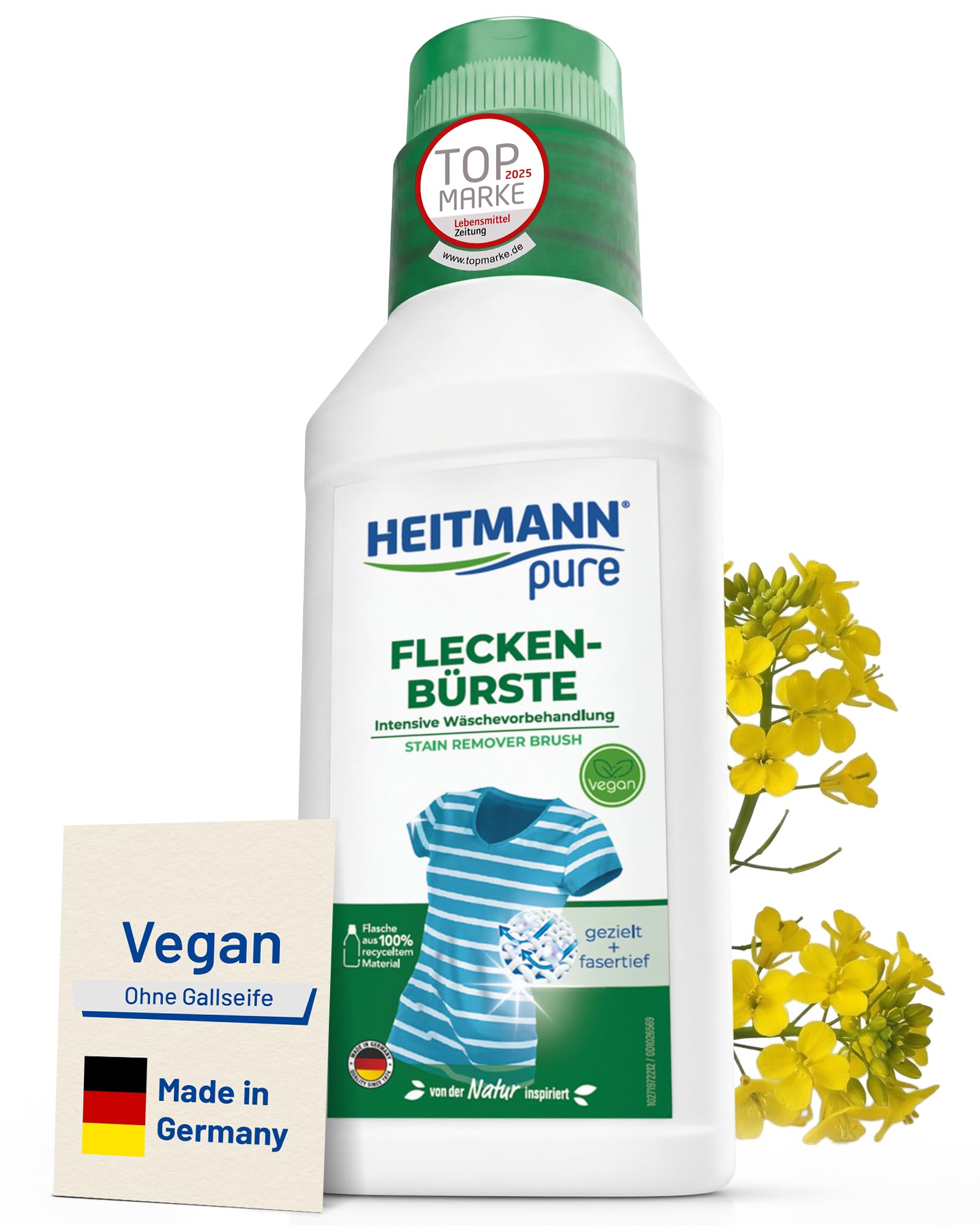 HEITMANN pure Vegane Fleckenbürste 250 ml | Effektiver Fleckenentferner für Kleidung mit Bürste | Gallseife flüssig Alternative | Fleckenbürste ideal für Kragen, Manschetten & Weißwäsche