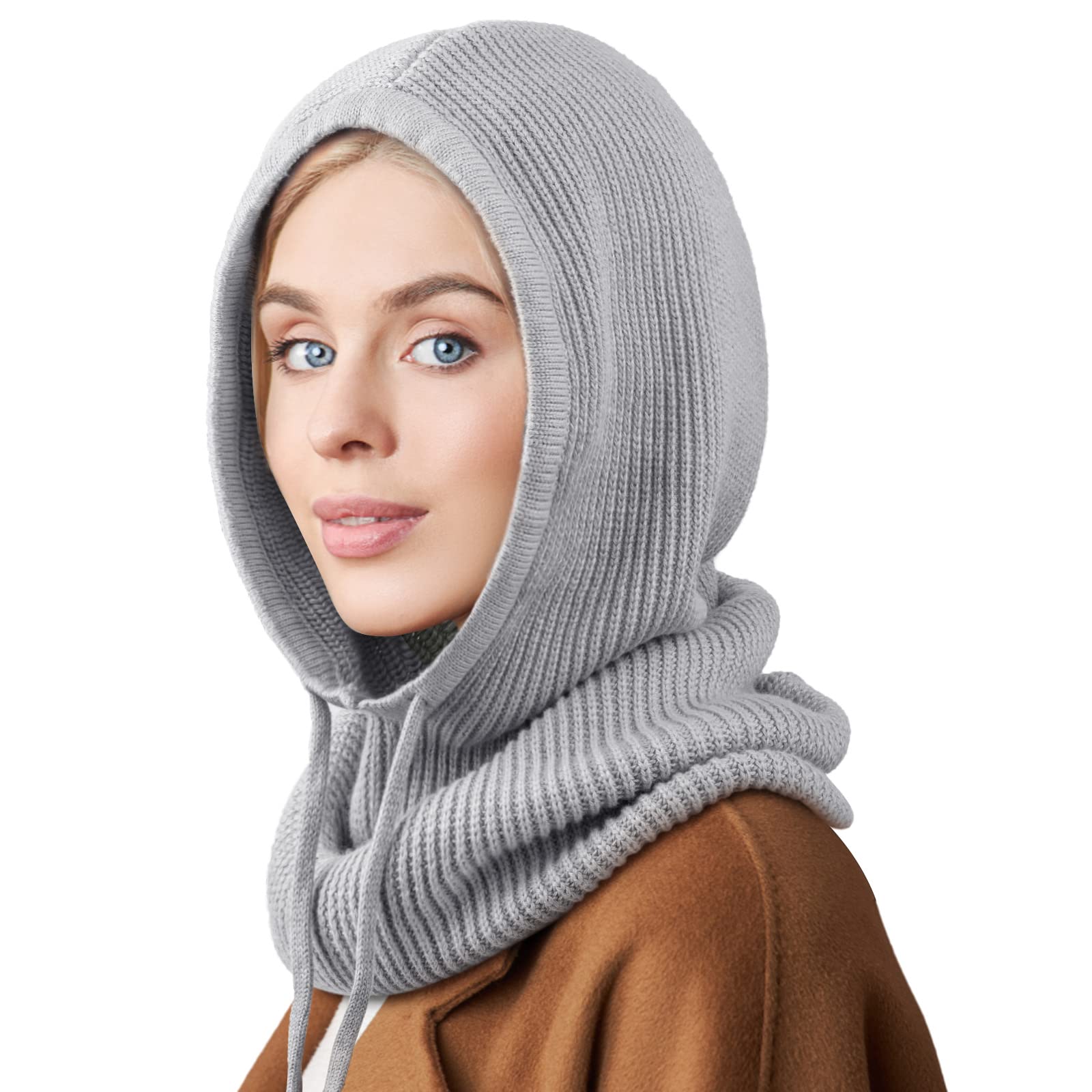 DRESHOW Winter Hats for Women Balaclava Knit Beanie Skull Cap with Drawstring Warm Hooded Scarf Hat