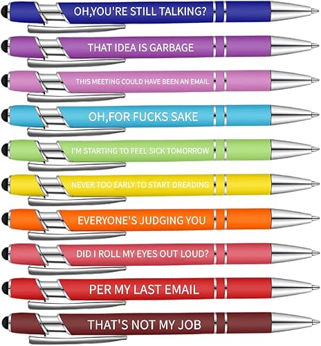 Jxueych 10 bolígrafos motivacionales con citas sarcásticas, regalos de oficina, 2 en 1, elegante lápiz capacitivo de metal para pantallas táctiles,