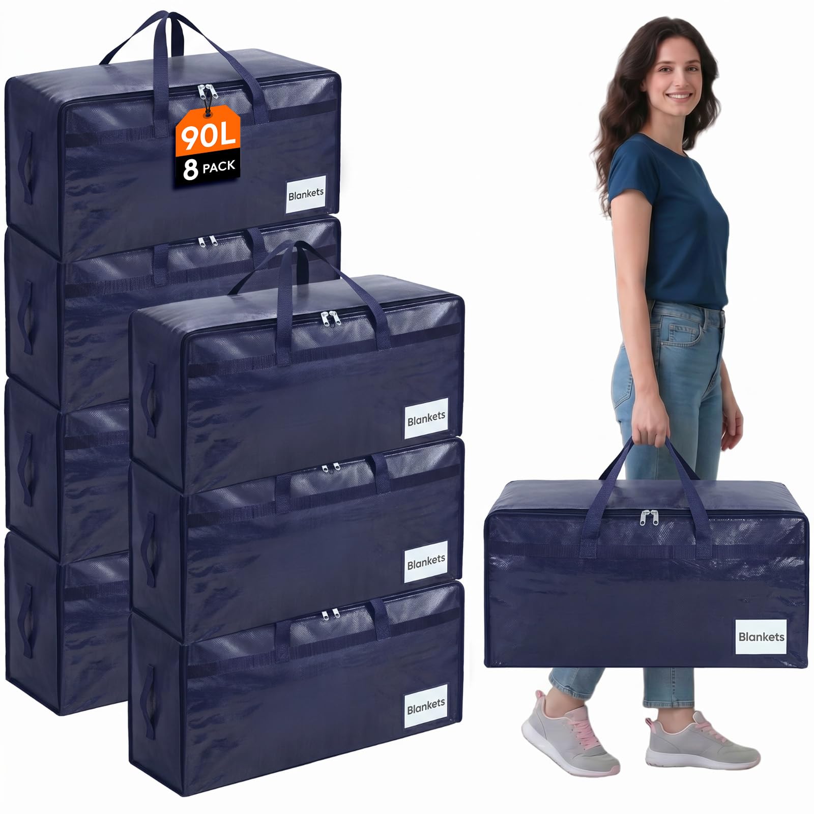 Lifewit 90L Large Moving Bags with Sturdy Handles and Zips, Heavy Duty Moving Totes Packing Bags for Moving House, Clothes Bedding Blanket Comforter Toys Storage Bags, 8 Pack, Dark Blue — image 1