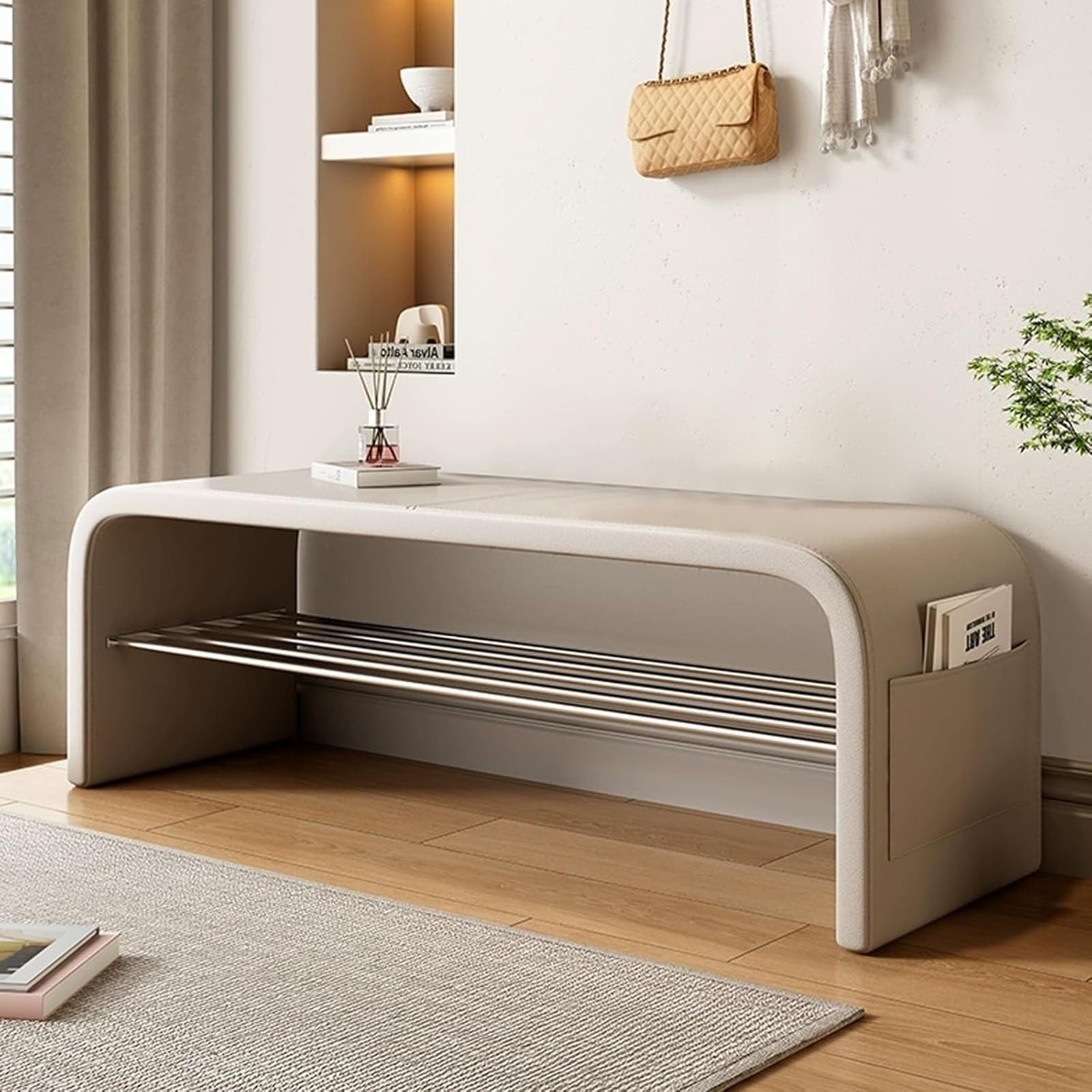 LWJSOCP Multifunctional Hallway Storage Bench with Padded Seat & Shoe Rack - Entryway nizer with Storage Shelf for Living Room Bedroom & Porch - Beige 60cm (23.6in)