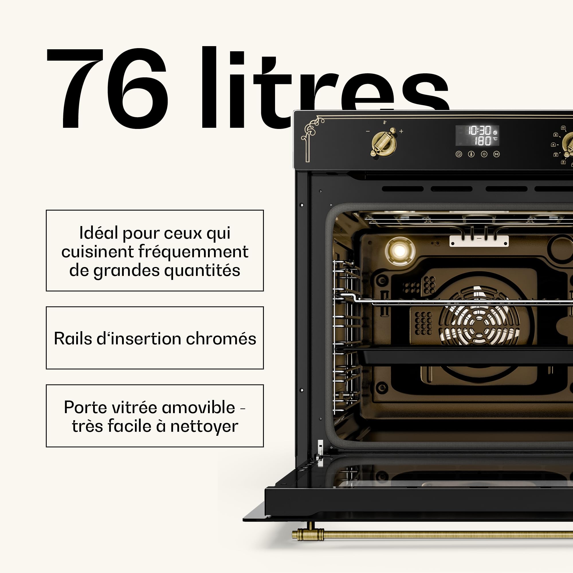 Klarstein Four Encastrable Pyrolyse Chaleur Tournante 76L - 11 Modes, Nettoyage Pyrolyse, Classe A, Design Rétro, Commande Boutons, Four Électrique Encastrable 60cm, Noir - 5