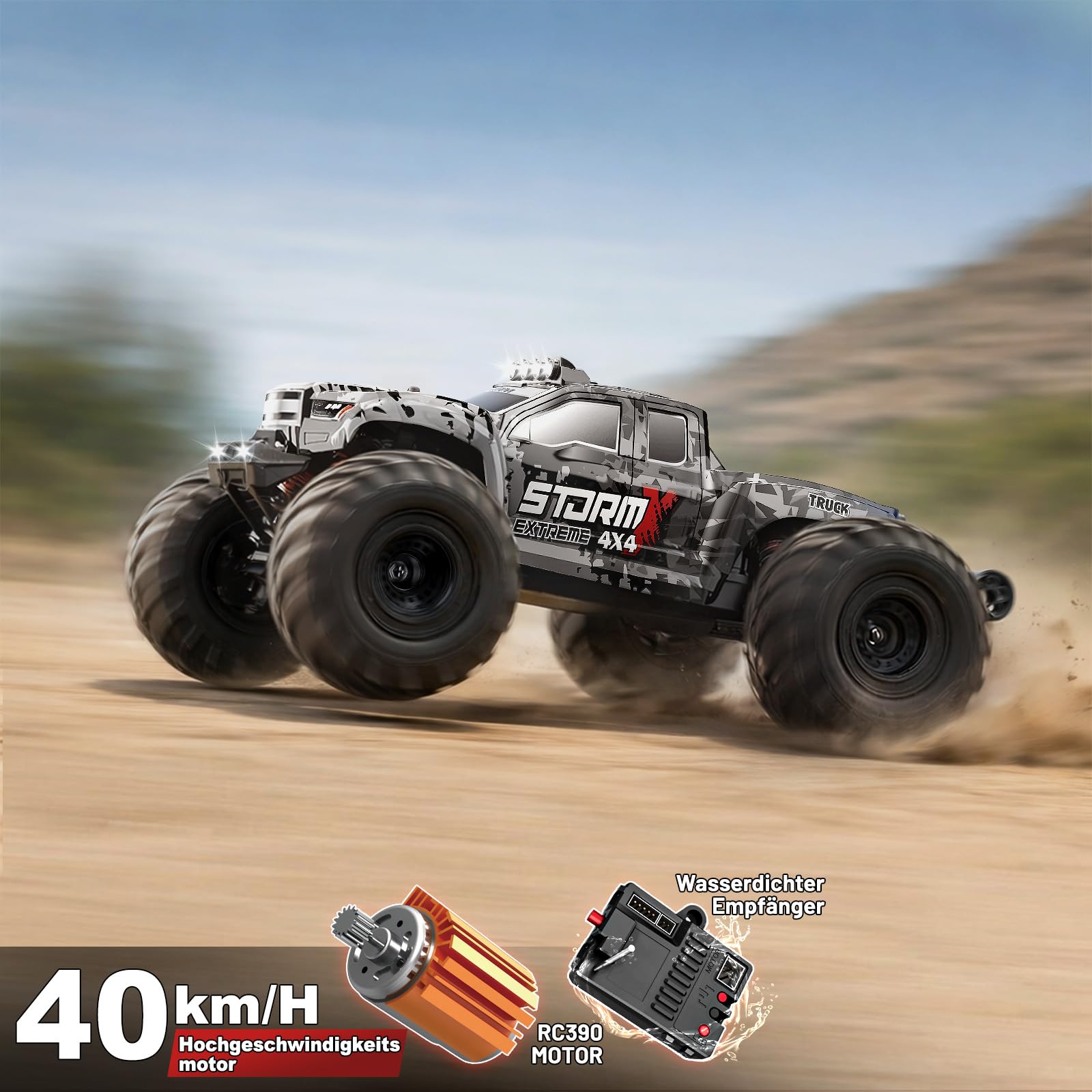 Ferngesteuertes Auto All-Terrain 1:14,4WD Offroad RC Monstertruck mit 40 km/h, mit 2 wiederaufladbaren 1300mAh Akkus, 2 Reifensets, RC Auto für Erwachsene & Jungen Geschenk