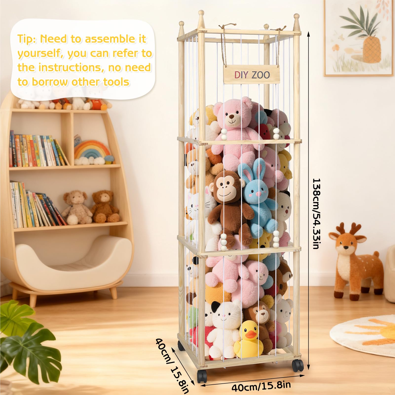 Mobiletto Portaoggetti per Animali di Peluche, 138x40x40CM in Legno Massello, Girevole a 360° e Bloccabile per Soggiorno, Camera da Letto e Cameretta dei Bambini (con Tasche Portaoggetti)