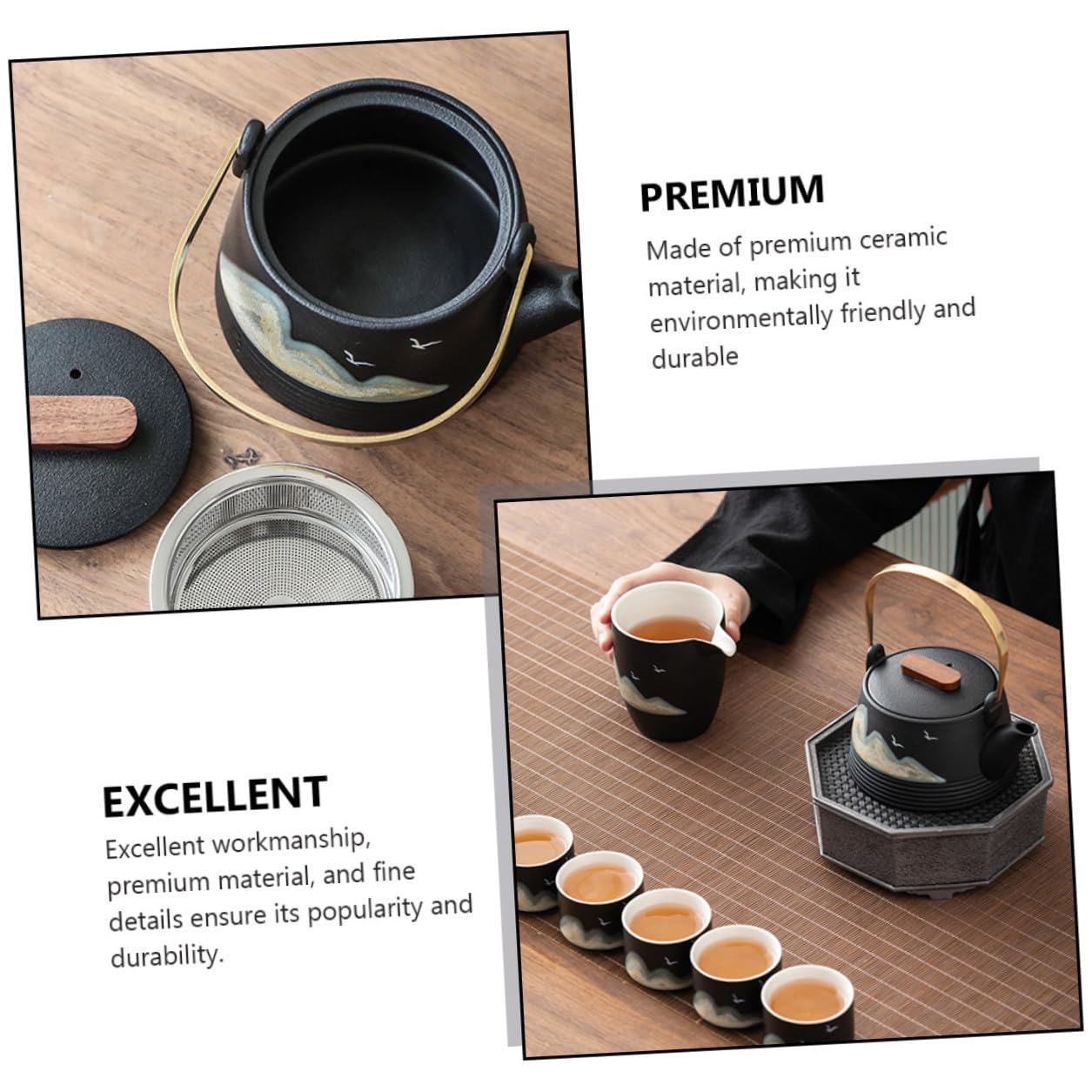 NUOBESTY Tetera Mango de Tacto Frío de Cerámica Negra Pintada a Mano para Hacer Té en Casa Sala de Té Profesional