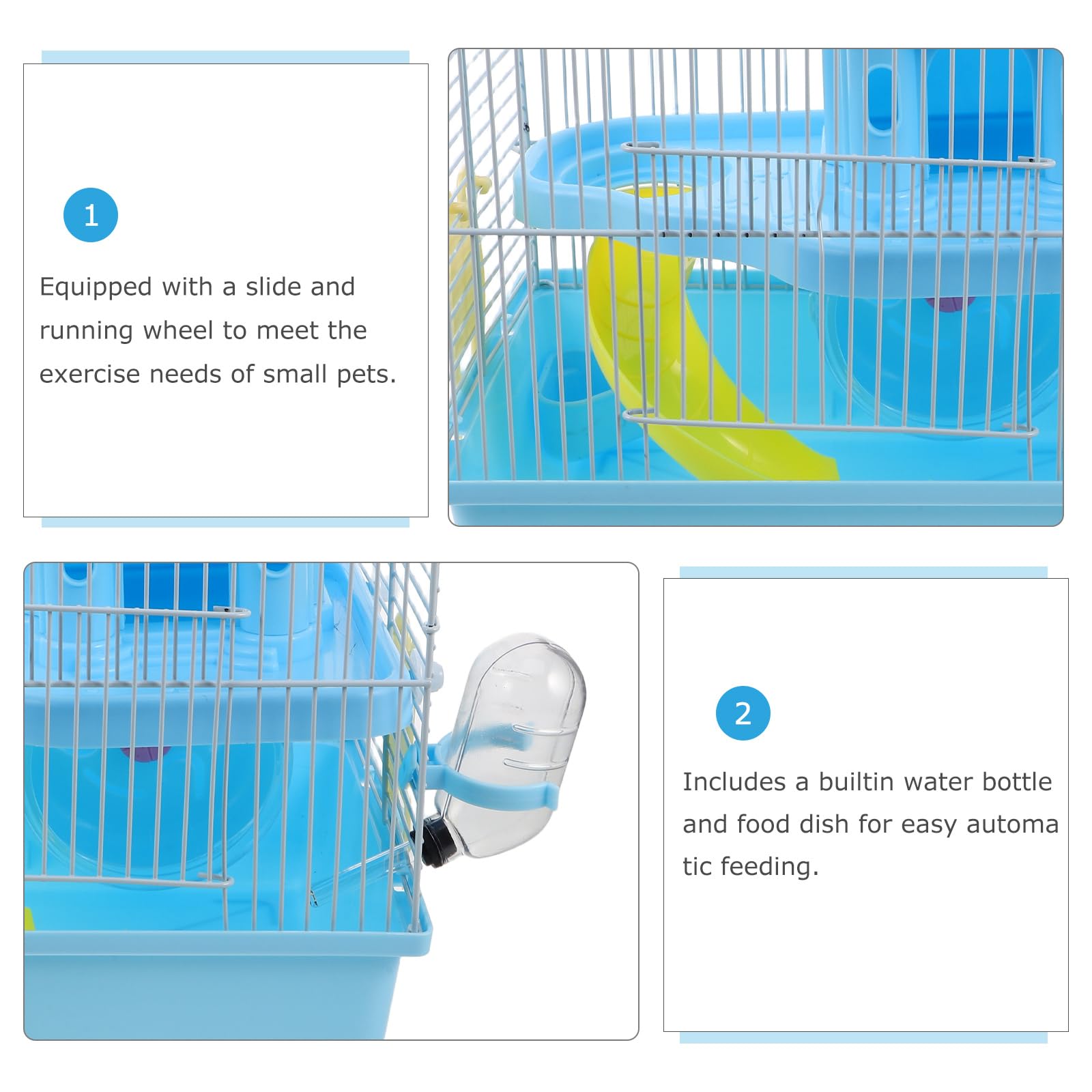 Cage à Hamster à 2 Niveaux avec Accessoires, Château Luxe | Plastique et Fer, Bouteille D’eau, Toboggan, Roue D’exercice, Gamelle, pour Hamsters et Petites Souris